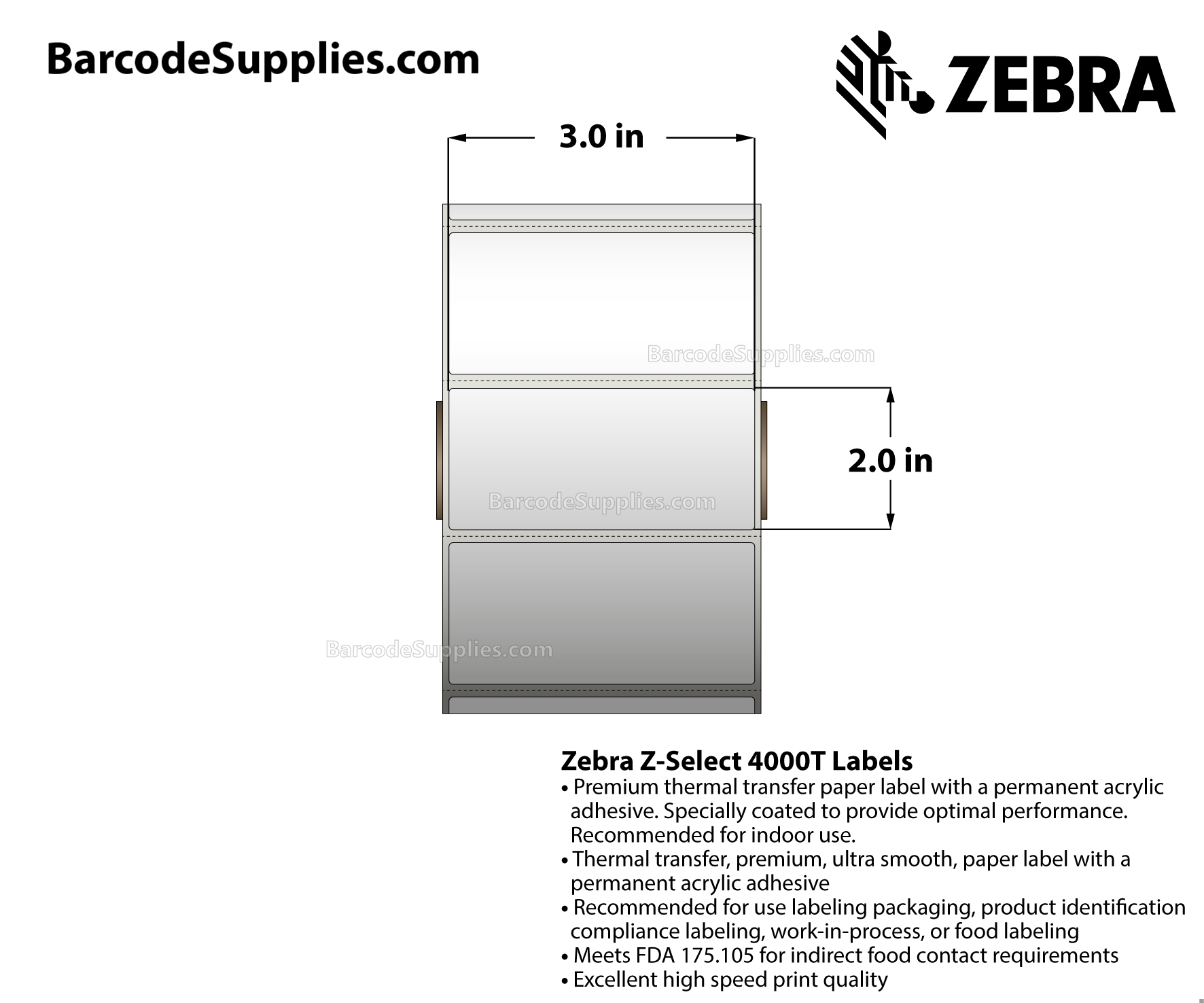 3 x 2 Thermal Transfer White Z-Select 4000T Labels With Permanent Adhesive - Perforated - 1370 Labels Per Roll - Carton Of 6 Rolls - 8220 Labels Total - MPN: 10009529