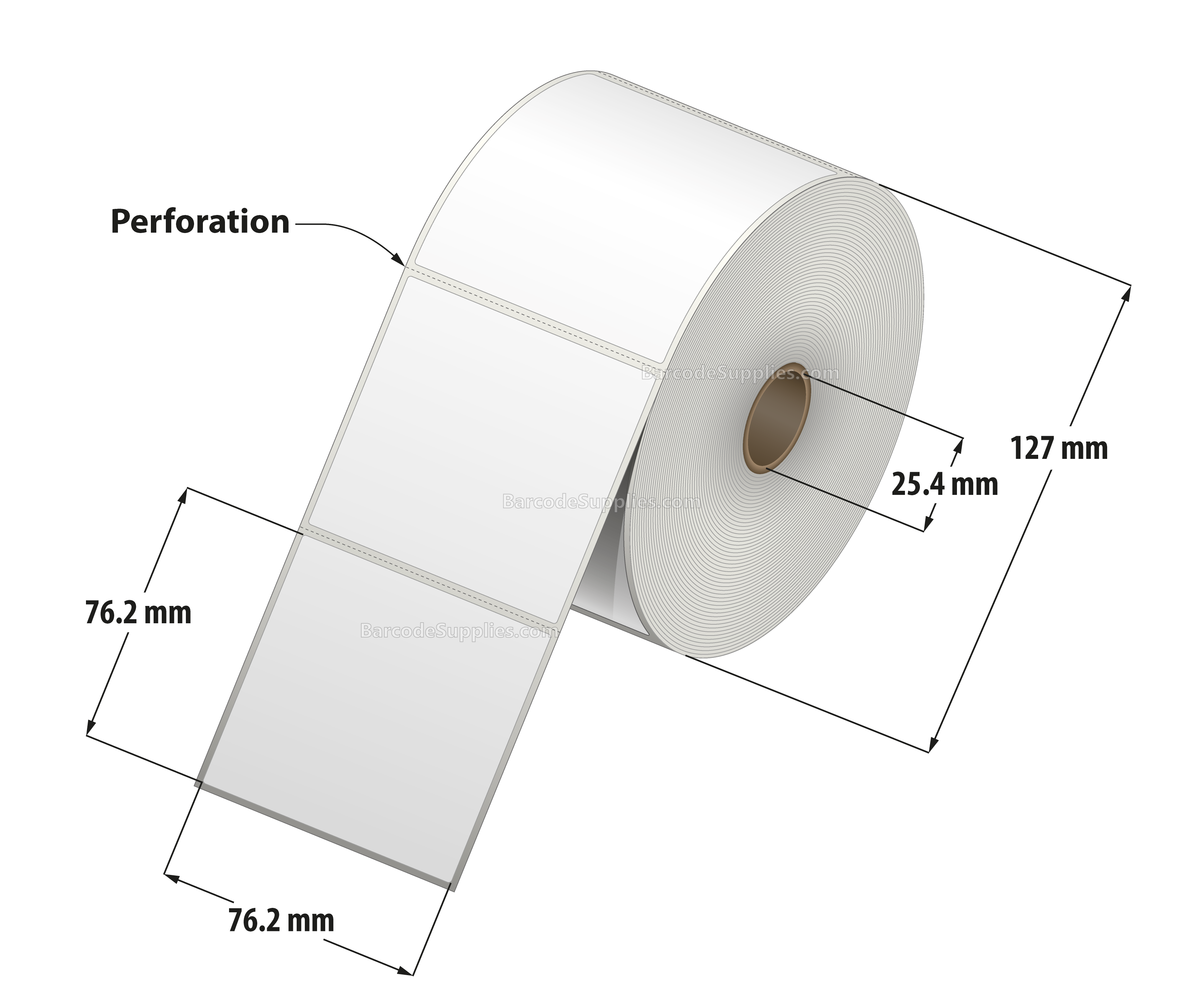 3 x 3 Thermal Transfer White Labels With Permanent Adhesive - Perforated - 890 Labels Per Roll - Carton Of 12 Rolls - 10680 Labels Total - MPN: RT-3-3-890-1 - BarcodeSource, Inc.
