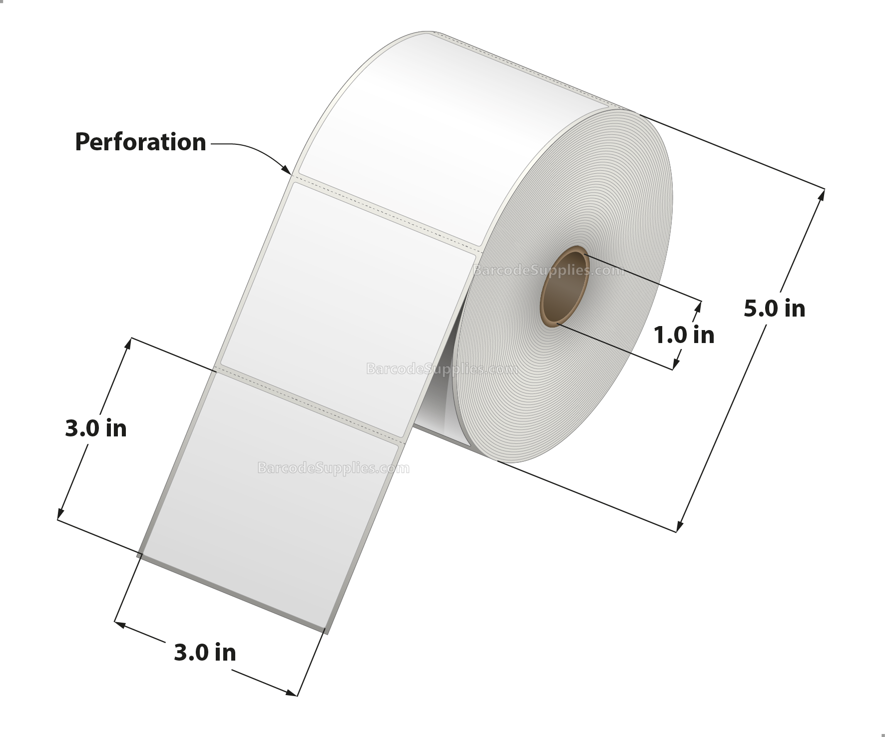 3 x 3 Thermal Transfer White Labels With Permanent Acrylic Adhesive - Perforated - 850 Labels Per Roll - Carton Of 4 Rolls - 3400 Labels Total - MPN: TH33-15PTT