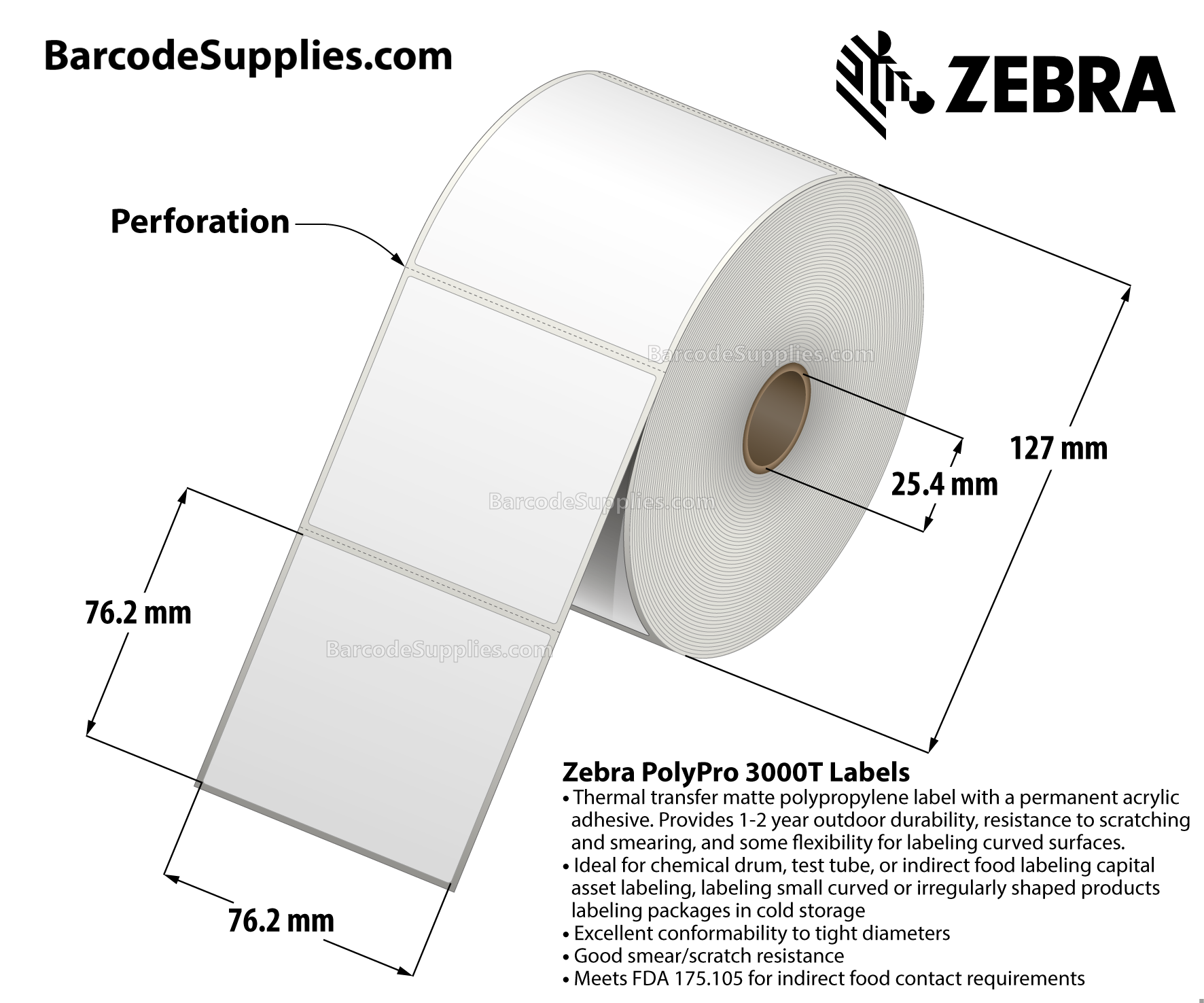 3 x 3 Thermal Transfer White PolyPro 3000T Labels With Permanent Adhesive - Perforated - 760 Labels Per Roll - Carton Of 8 Rolls - 6080 Labels Total - MPN: 18927