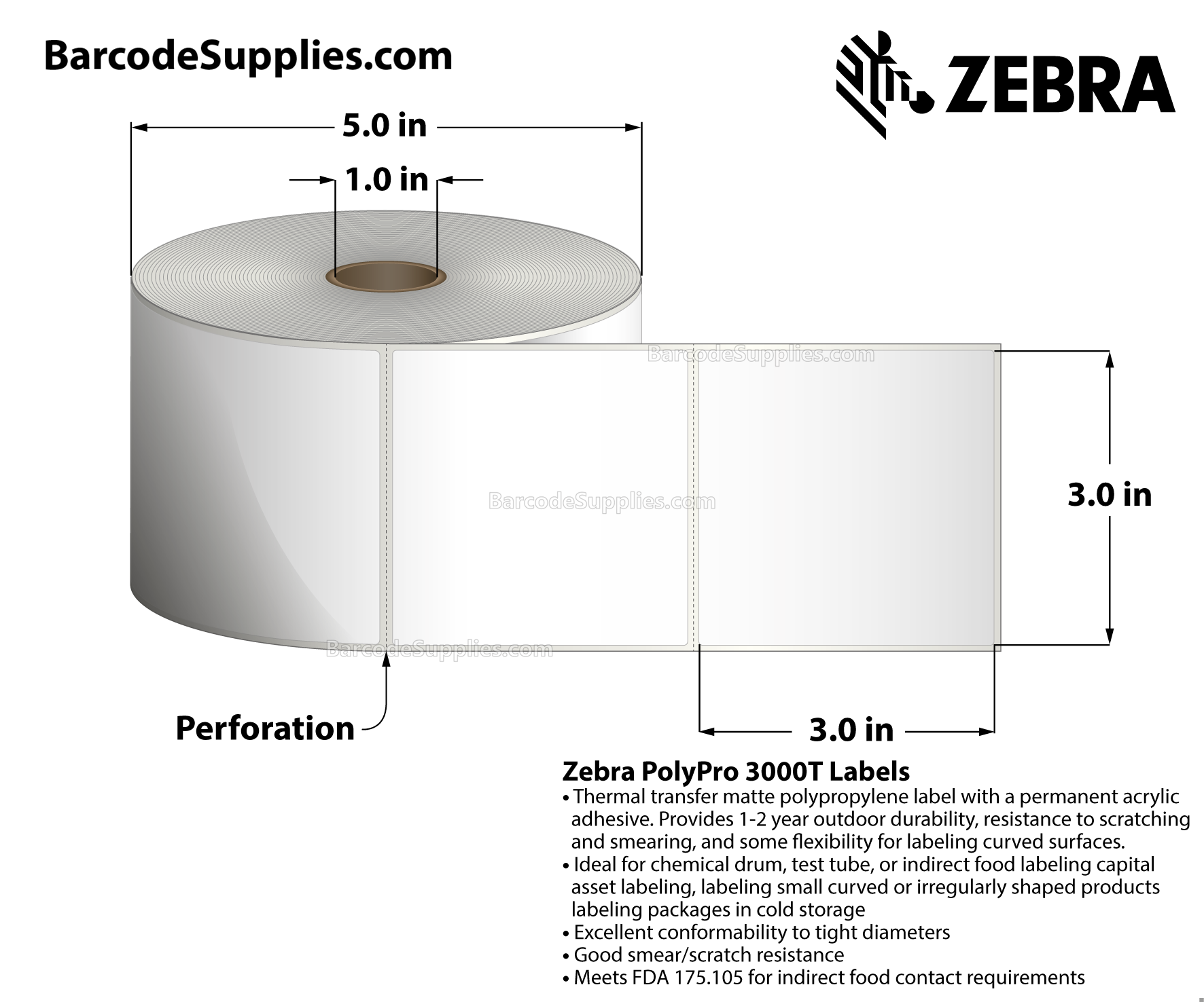 3 x 3 Thermal Transfer White PolyPro 3000T Labels With Permanent Adhesive - Perforated - 760 Labels Per Roll - Carton Of 8 Rolls - 6080 Labels Total - MPN: 18927