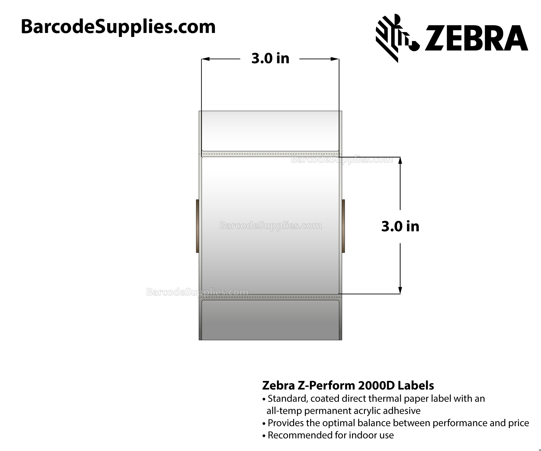 3 x 3 Direct Thermal White Z-Perform 2000D Labels With All-Temp Adhesive - Perforated - 840 Labels Per Roll - Carton Of 6 Rolls - 5040 Labels Total - MPN: 10010030