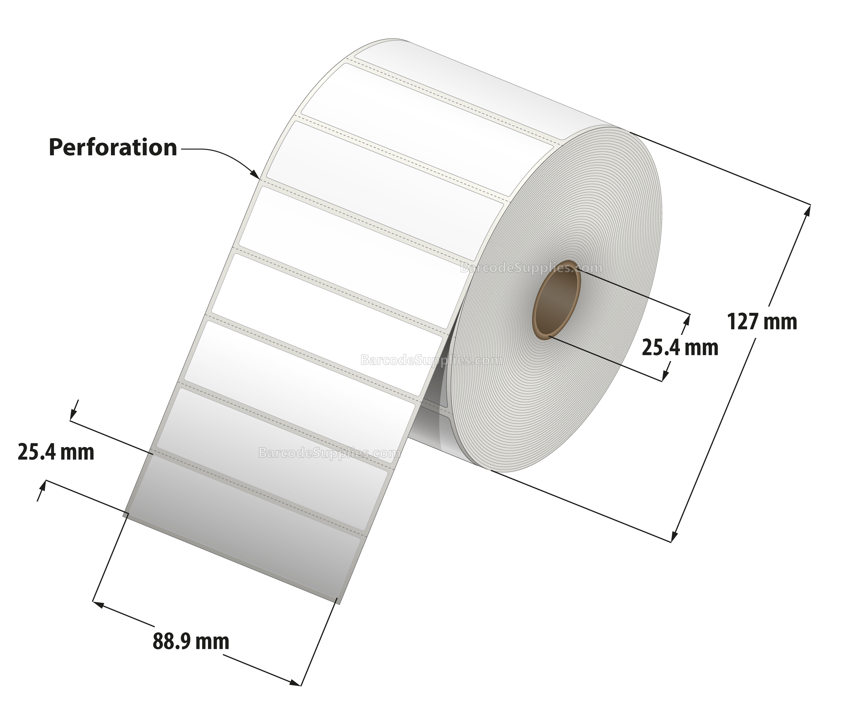 3.5 x 1 Thermal Transfer White Labels With Permanent Adhesive - Perforated - 2500 Labels Per Roll - Carton Of 12 Rolls - 30000 Labels Total - MPN: RT-35-1-2500-1 - BarcodeSource, Inc.