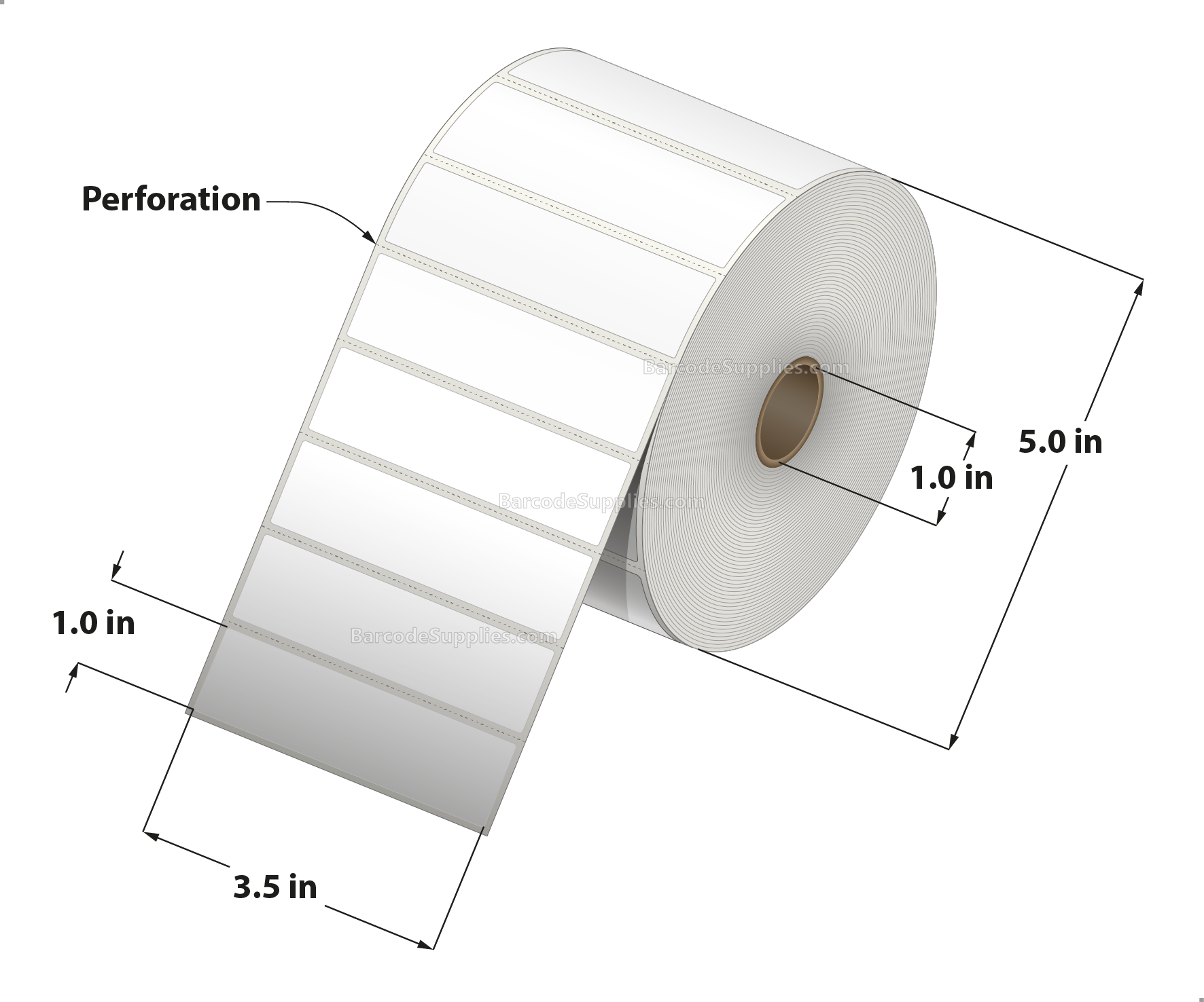 3.5 x 1 Thermal Transfer White Labels With Permanent Acrylic Adhesive - Perforated - 2300 Labels Per Roll - Carton Of 4 Rolls - 9200 Labels Total - MPN: TH351-15PTT
