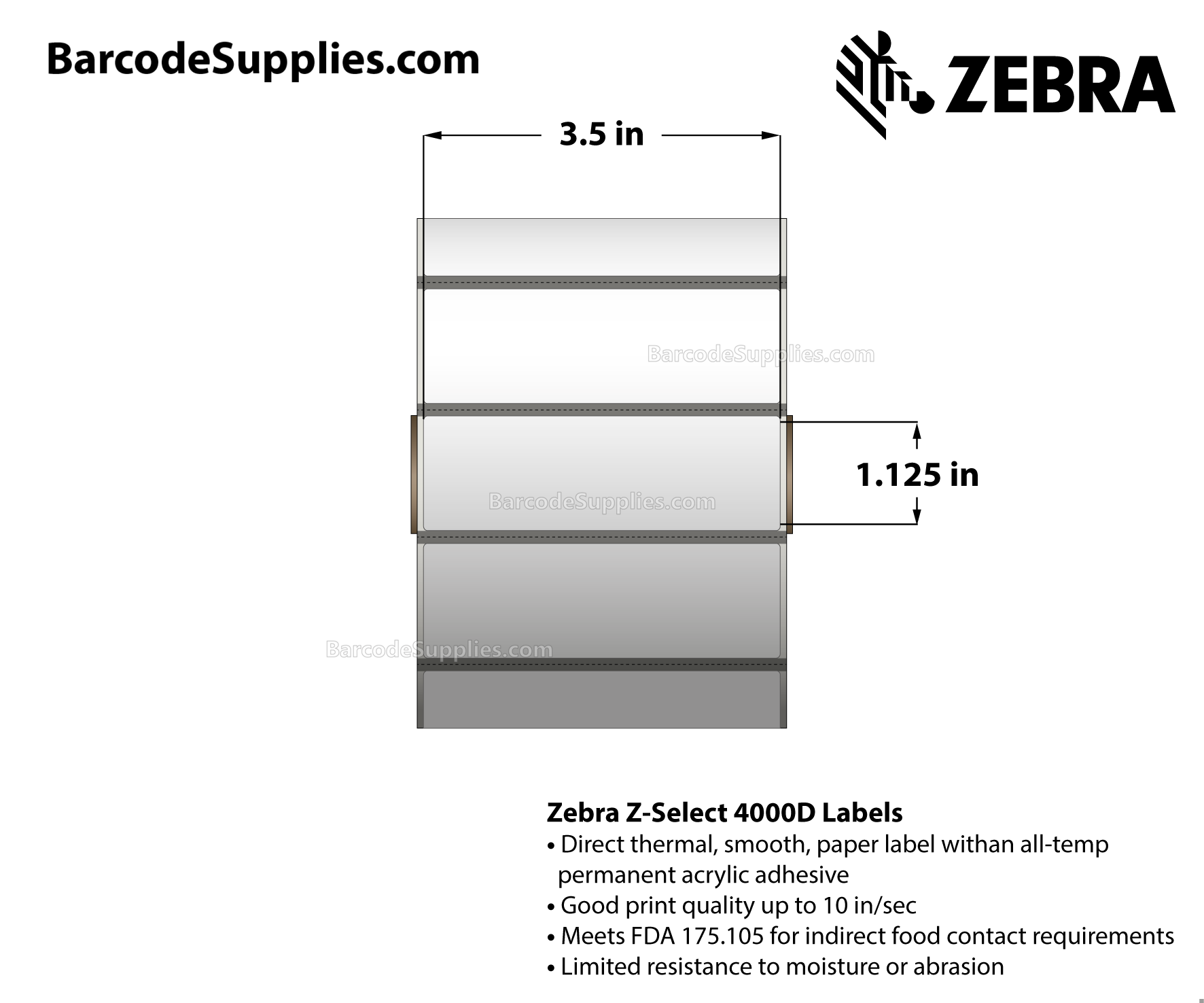 3.5 x 1.125 Direct Thermal White Z-Select 4000D Labels With All-Temp Adhesive - Label has square edges - Black mark sensing - Perforated - 2374 Labels Per Roll - Carton Of 4 Rolls - 9496 Labels Total - MPN: 10013885