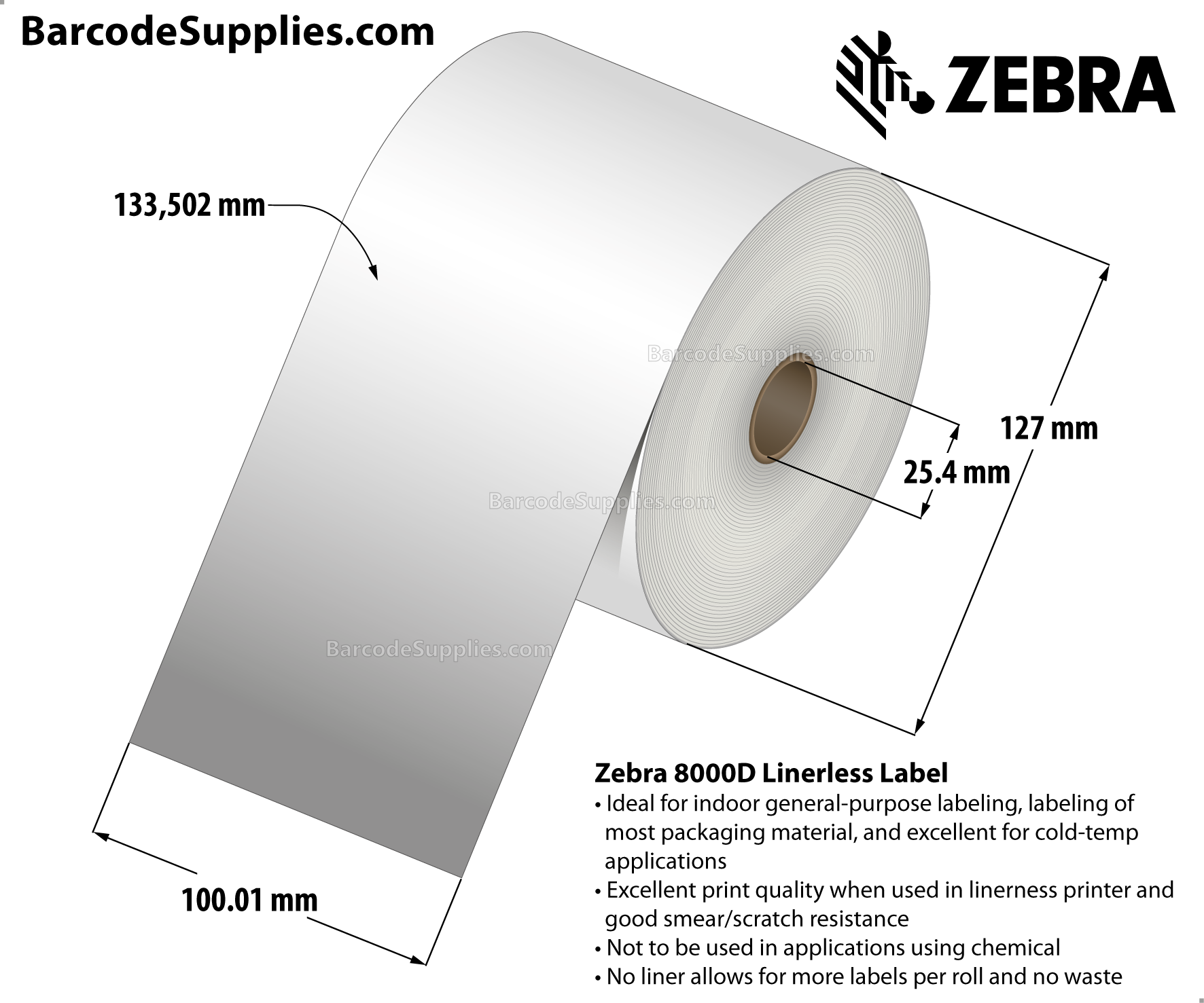 3.9375 x 438' Direct Thermal White 8000D Linerless Labels With Permanent Adhesive - Requires linerless roller - Continuous - Labels Per Roll - Carton Of 3 Rolls - 0 Labels Total - MPN: 10025491