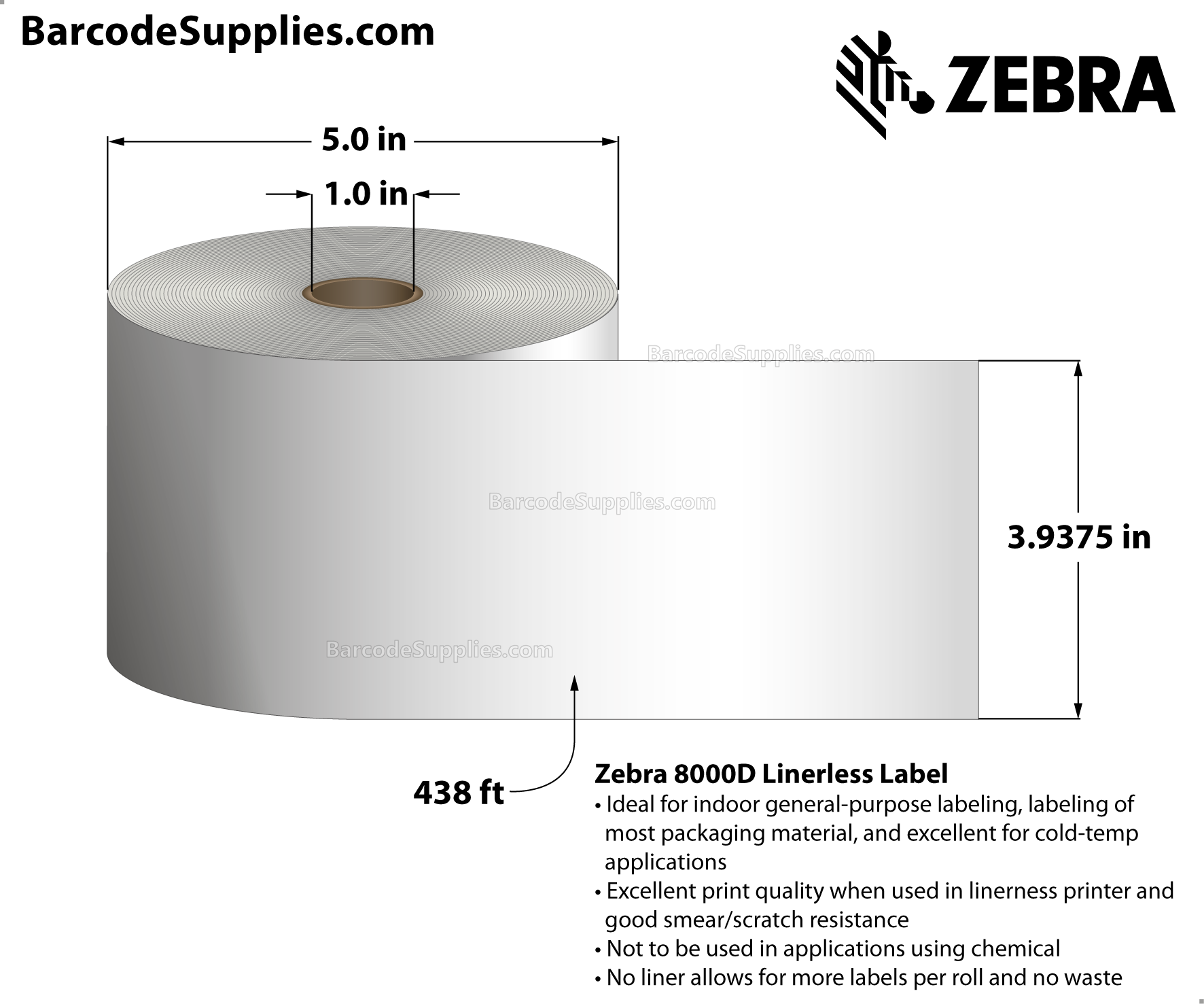 3.9375 x 438' Direct Thermal White 8000D Linerless Labels With Permanent Adhesive - Requires linerless roller - Continuous - Labels Per Roll - Carton Of 3 Rolls - 0 Labels Total - MPN: 10025491