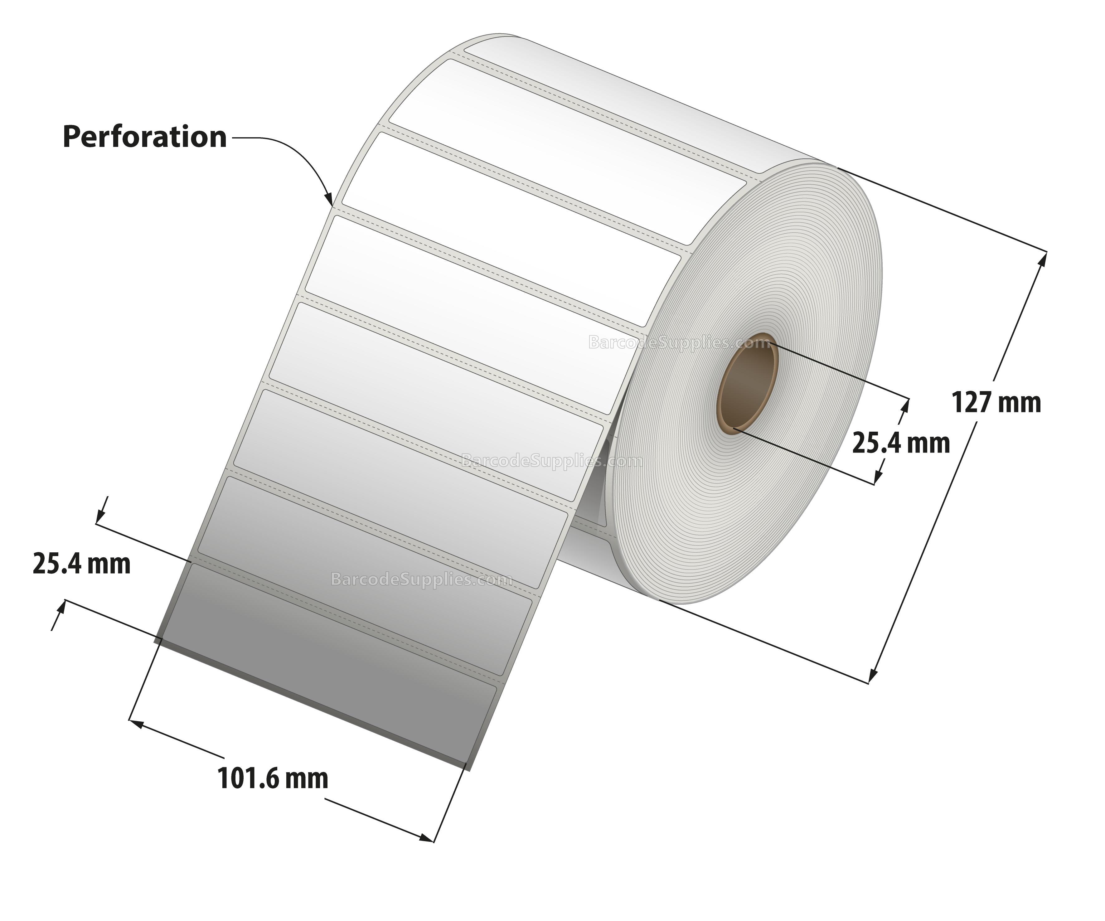 4 x 1 Thermal Transfer White Labels With Permanent Adhesive - Perforated - 2500 Labels Per Roll - Carton Of 12 Rolls - 30000 Labels Total - MPN: RT-4-1-2500-1 - BarcodeSource, Inc.