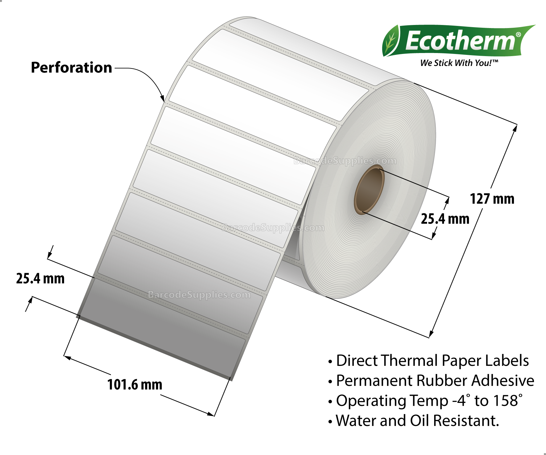 4 x 1 Direct Thermal White Labels With Rubber Adhesive - Perforated - 2500 Labels Per Roll - Carton Of 6 Rolls - 15000 Labels Total - MPN: ECOTHERM15146-6