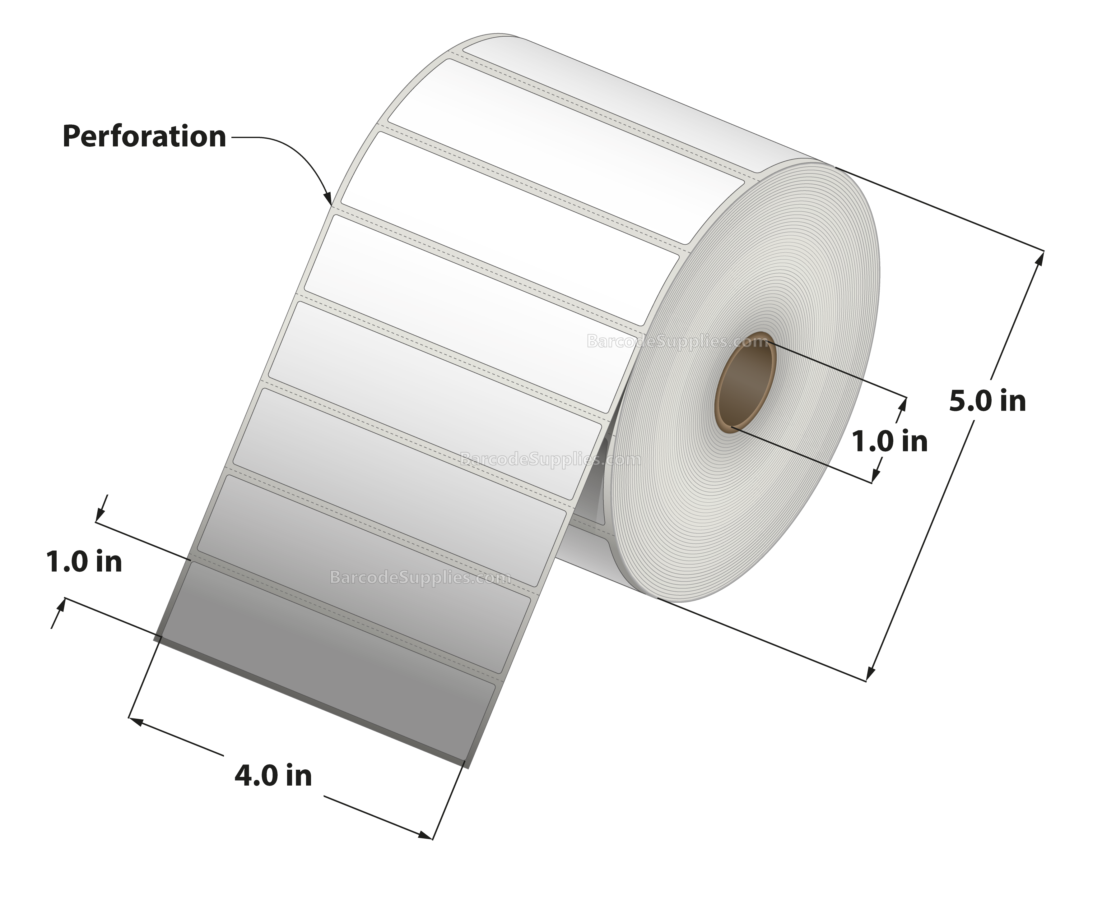 4 x 1 Direct Thermal White Labels With Acrylic Adhesive - Perforated - 2500 Labels Per Roll - Carton Of 12 Rolls - 30000 Labels Total - MPN: RD-4-1-2500-1 - BarcodeSource, Inc.
