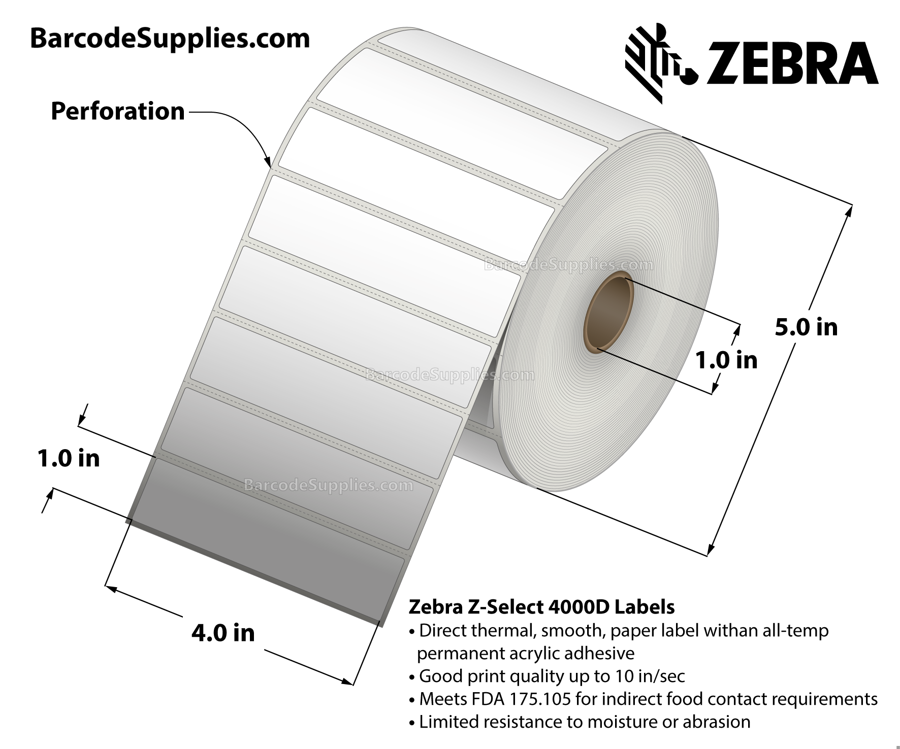 4 x 1 Direct Thermal White Z-Select 4000D Labels With All-Temp Adhesive - Perforated - 2340 Labels Per Roll - Carton Of 6 Rolls - 14040 Labels Total - MPN: 10010045