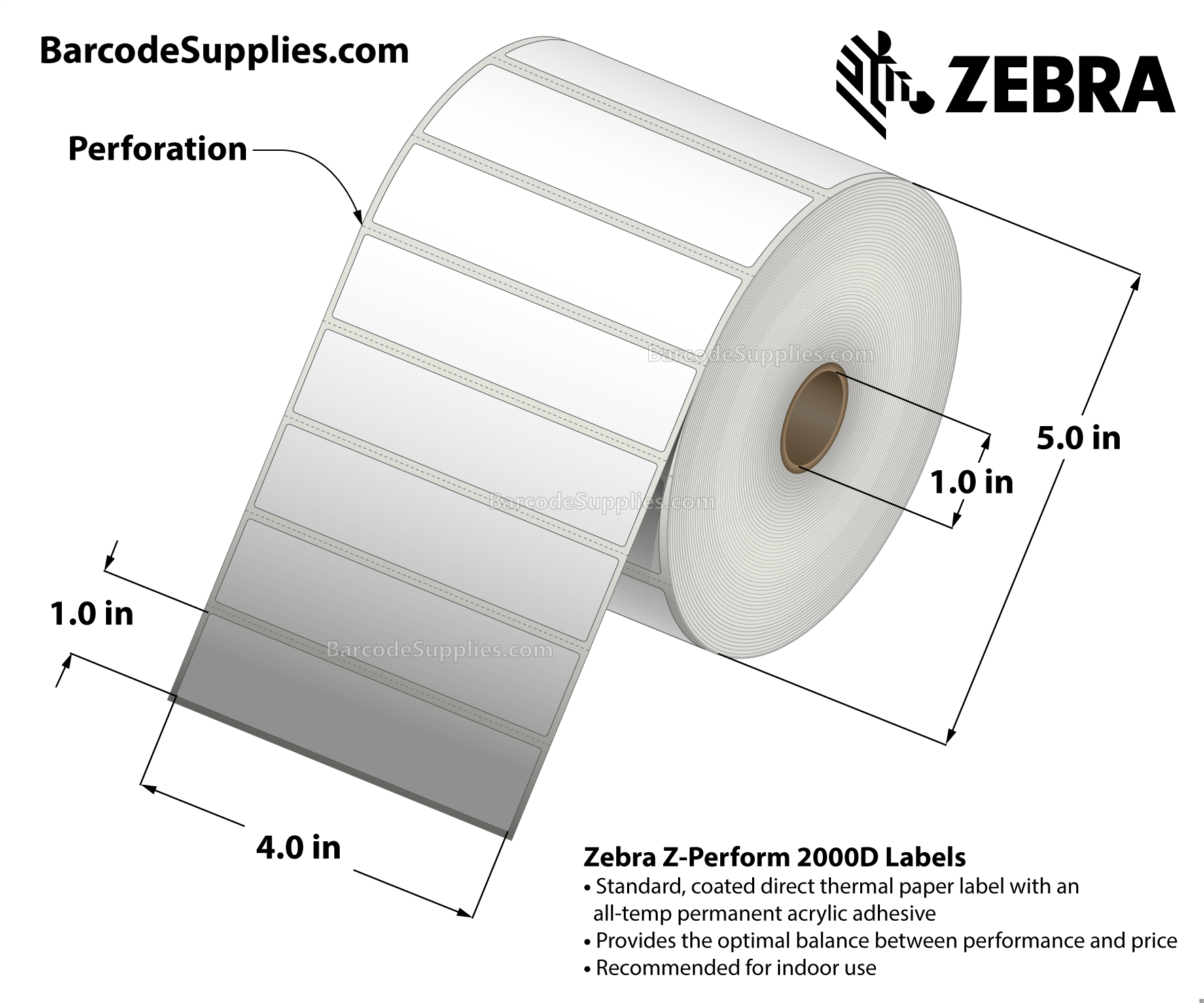 4 x 1 Direct Thermal White Z-Perform 2000D Labels With All-Temp Adhesive - Perforated - 2340 Labels Per Roll - Carton Of 6 Rolls - 14040 Labels Total - MPN: 10015783
