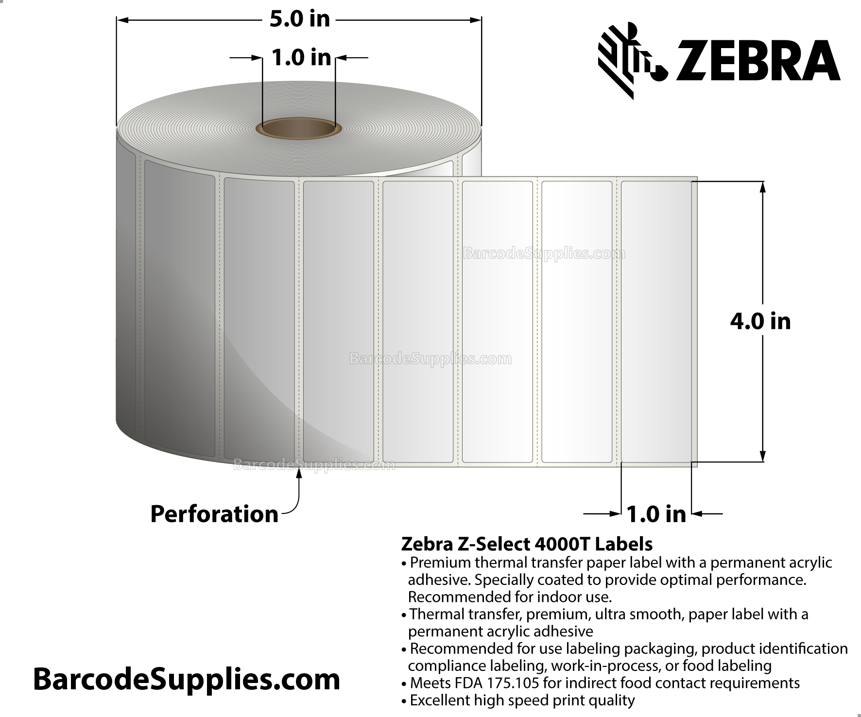 4 x 1 Thermal Transfer White Z-Select 4000T Labels With Permanent Adhesive - Perforated - 2260 Labels Per Roll - Carton Of 4 Rolls - 9040 Labels Total - MPN: 83340
