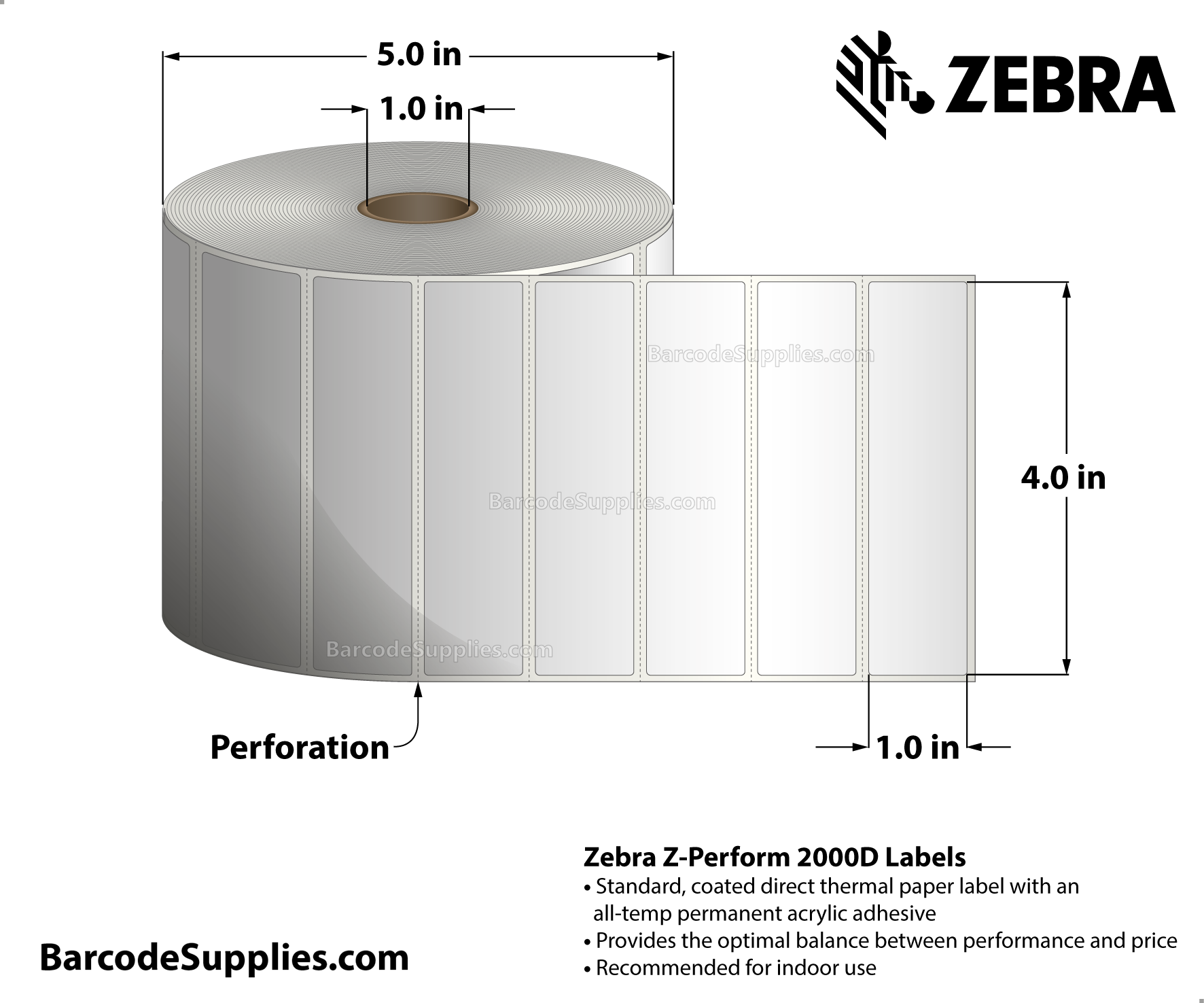 4 x 1 Direct Thermal White Z-Perform 2000D Labels With All-Temp Adhesive - Perforated - 2340 Labels Per Roll - Carton Of 6 Rolls - 14040 Labels Total - MPN: 10015783