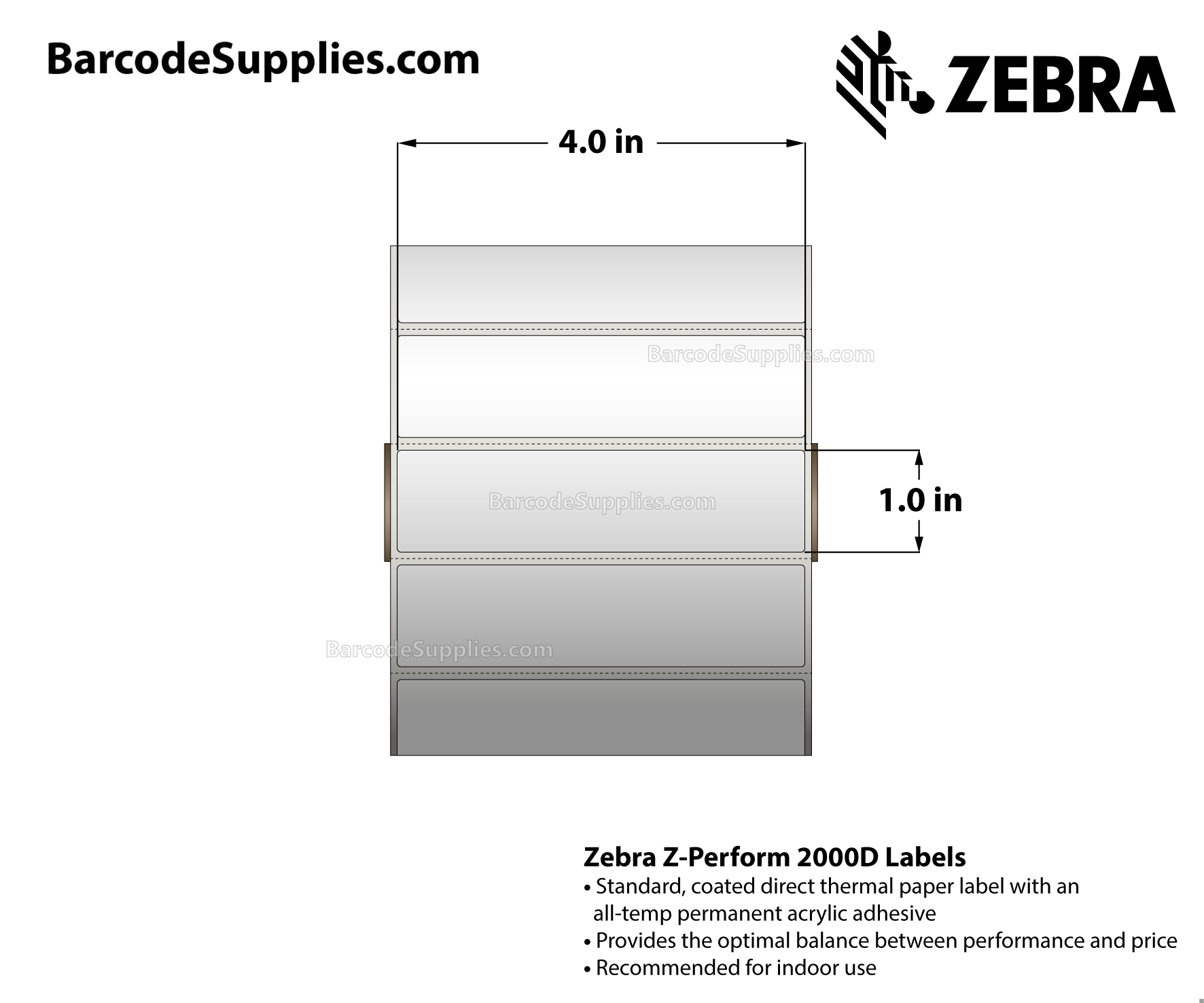 4 x 1 Direct Thermal White Z-Perform 2000D Labels With All-Temp Adhesive - Perforated - 2340 Labels Per Roll - Carton Of 6 Rolls - 14040 Labels Total - MPN: 10015783