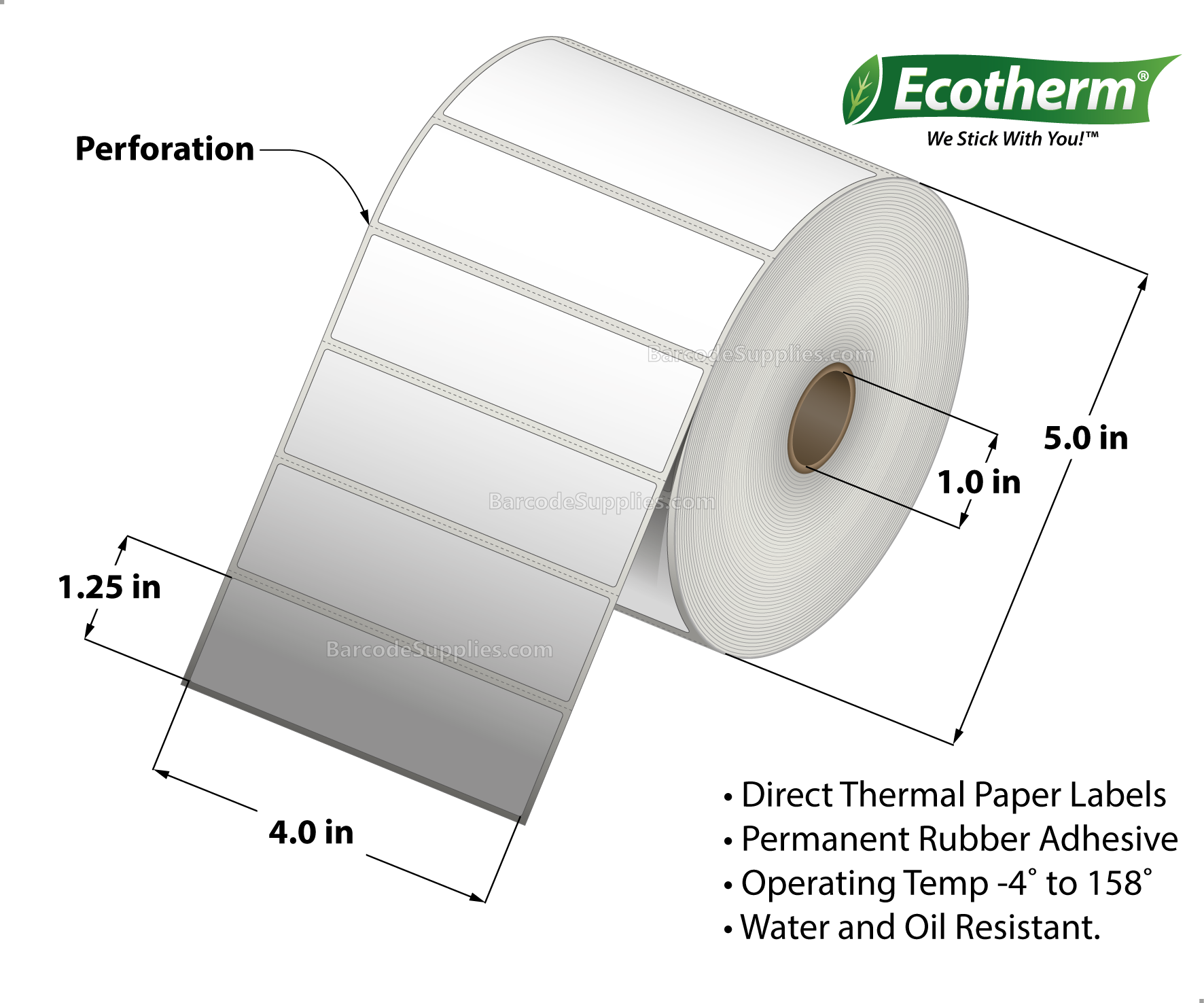 4 x 1.25 Direct Thermal White Labels With Rubber Adhesive - Perforated - 2100 Labels Per Roll - Carton Of 6 Rolls - 12600 Labels Total - MPN: ECOTHERM15147-6