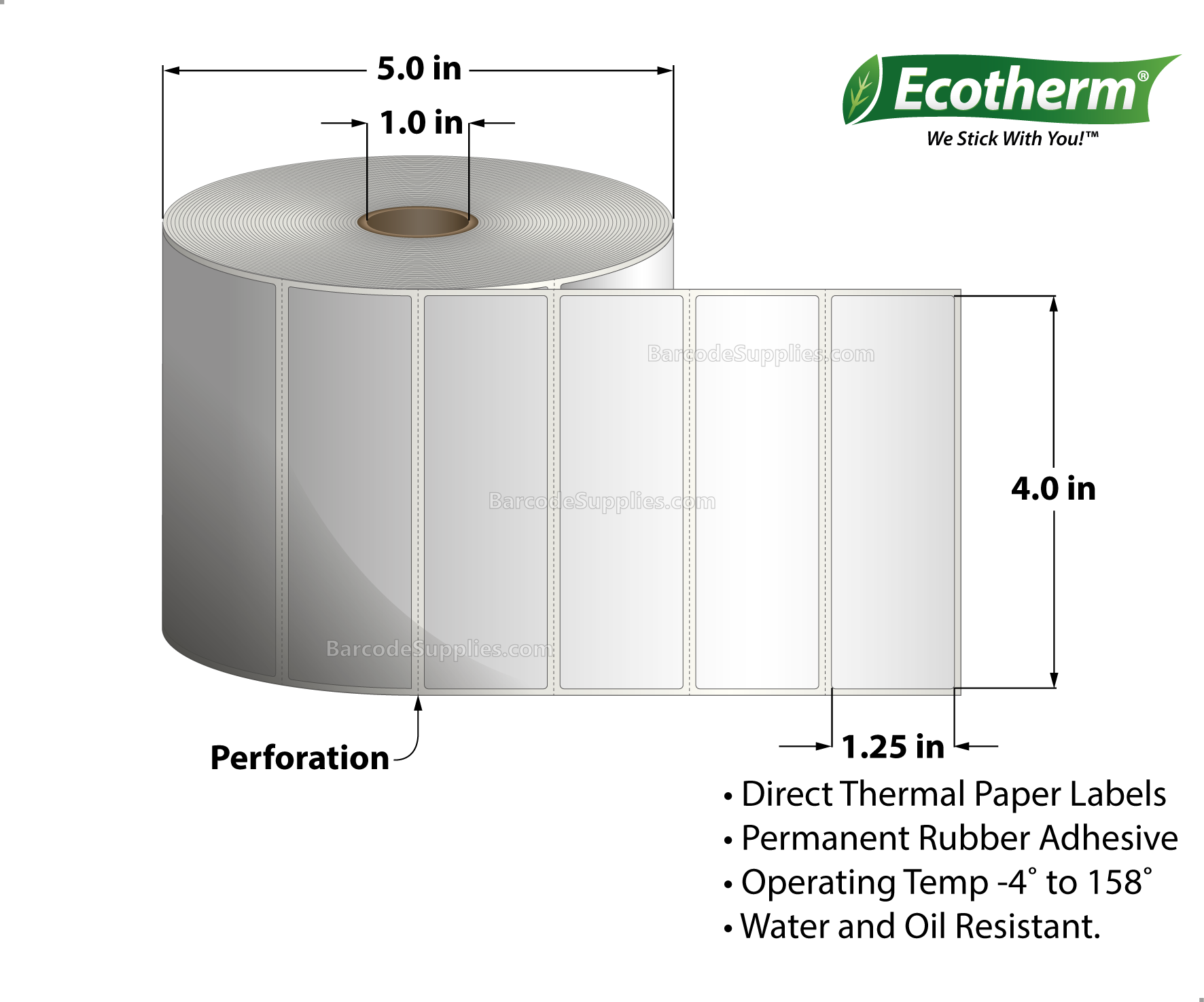 4 x 1.25 Direct Thermal White Labels With Rubber Adhesive - Perforated - 2100 Labels Per Roll - Carton Of 6 Rolls - 12600 Labels Total - MPN: ECOTHERM15147-6