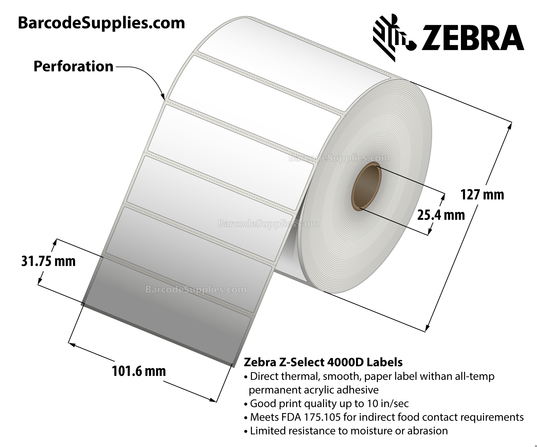 4 x 1.25 Direct Thermal White Z-Select 4000D Labels With All-Temp Adhesive - Perforated - 2100 Labels Per Roll - Carton Of 12 Rolls - 25200 Labels Total - MPN: 10015349