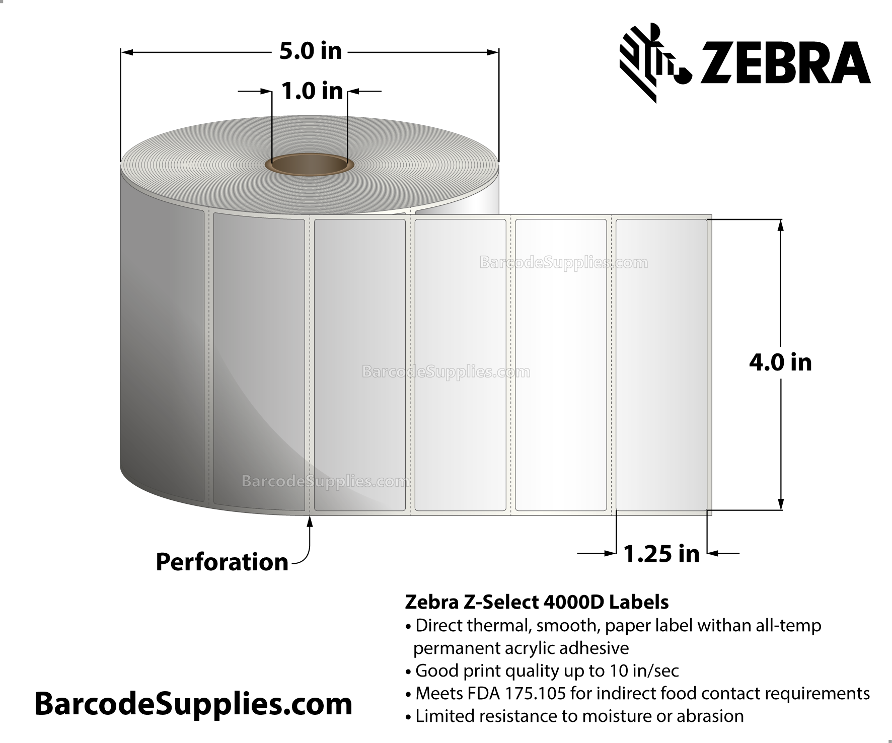 4 x 1.25 Direct Thermal White Z-Select 4000D Labels With All-Temp Adhesive - Perforated - 2100 Labels Per Roll - Carton Of 12 Rolls - 25200 Labels Total - MPN: 10015349