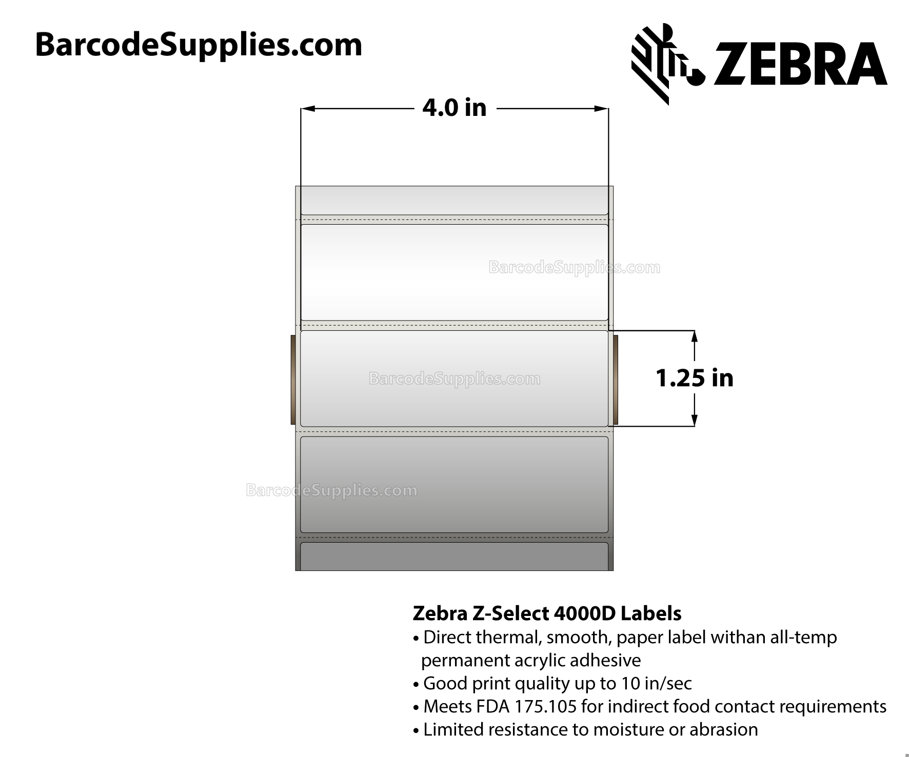 4 x 1.25 Direct Thermal White Z-Select 4000D Labels With All-Temp Adhesive - Perforated - 2100 Labels Per Roll - Carton Of 12 Rolls - 25200 Labels Total - MPN: 10015349