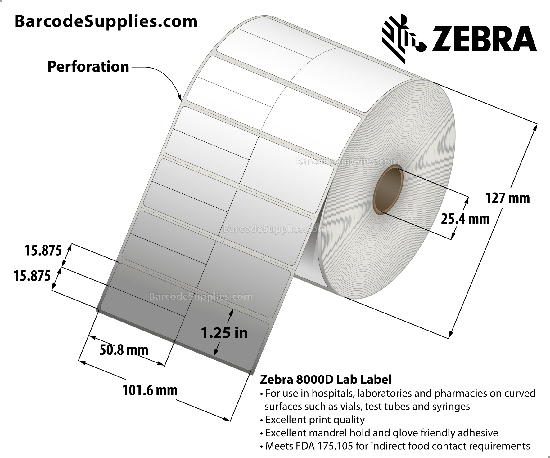4 x 1.25 Direct Thermal White 8000D Lab Labels With Permanent Adhesive - Perforated - 1911 Labels Per Roll - Carton Of 6 Rolls - 11466 Labels Total - MPN: 10018357
