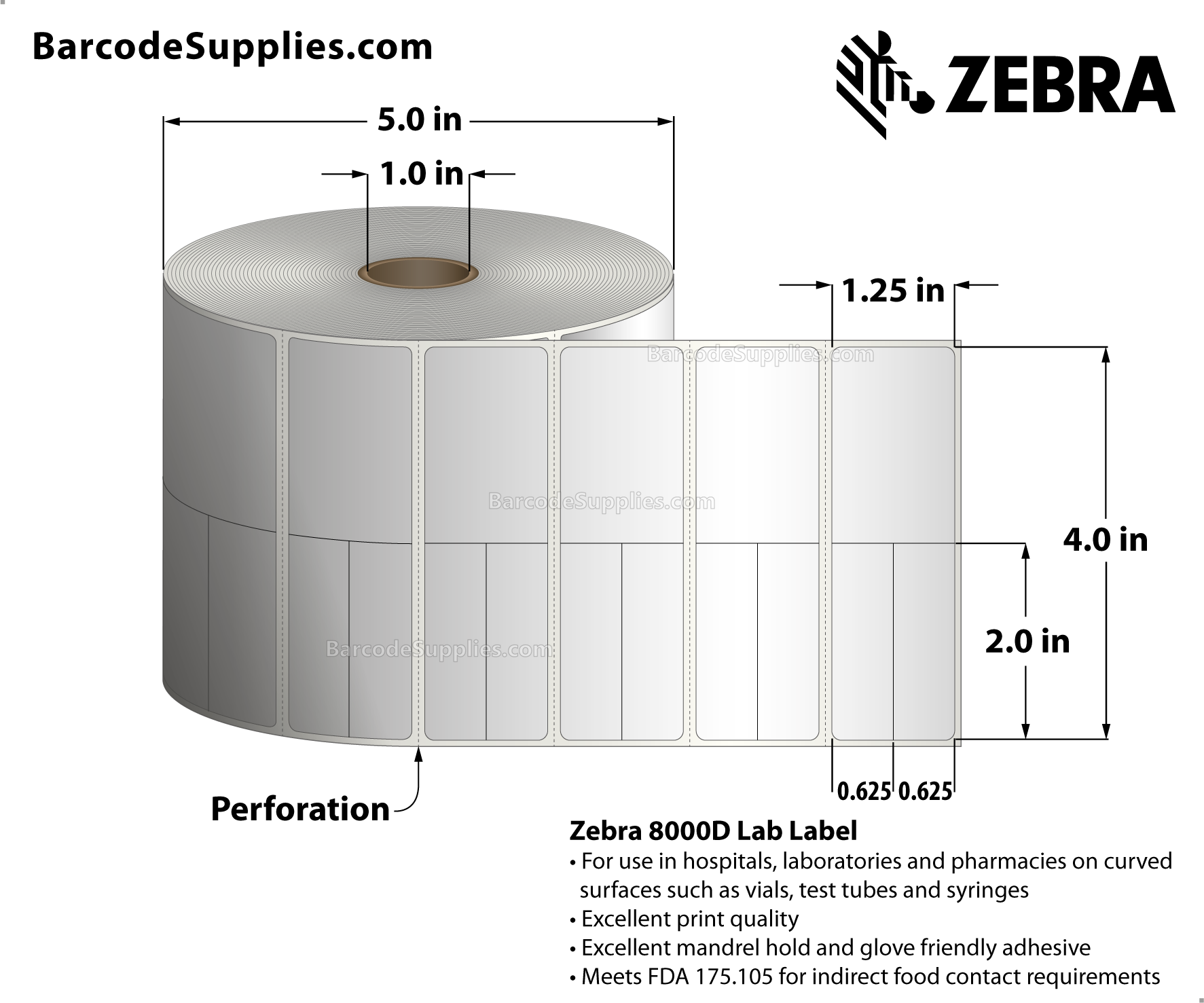 4 x 1.25 Direct Thermal White 8000D Lab Labels With Permanent Adhesive - Perforated - 1911 Labels Per Roll - Carton Of 6 Rolls - 11466 Labels Total - MPN: 10018357