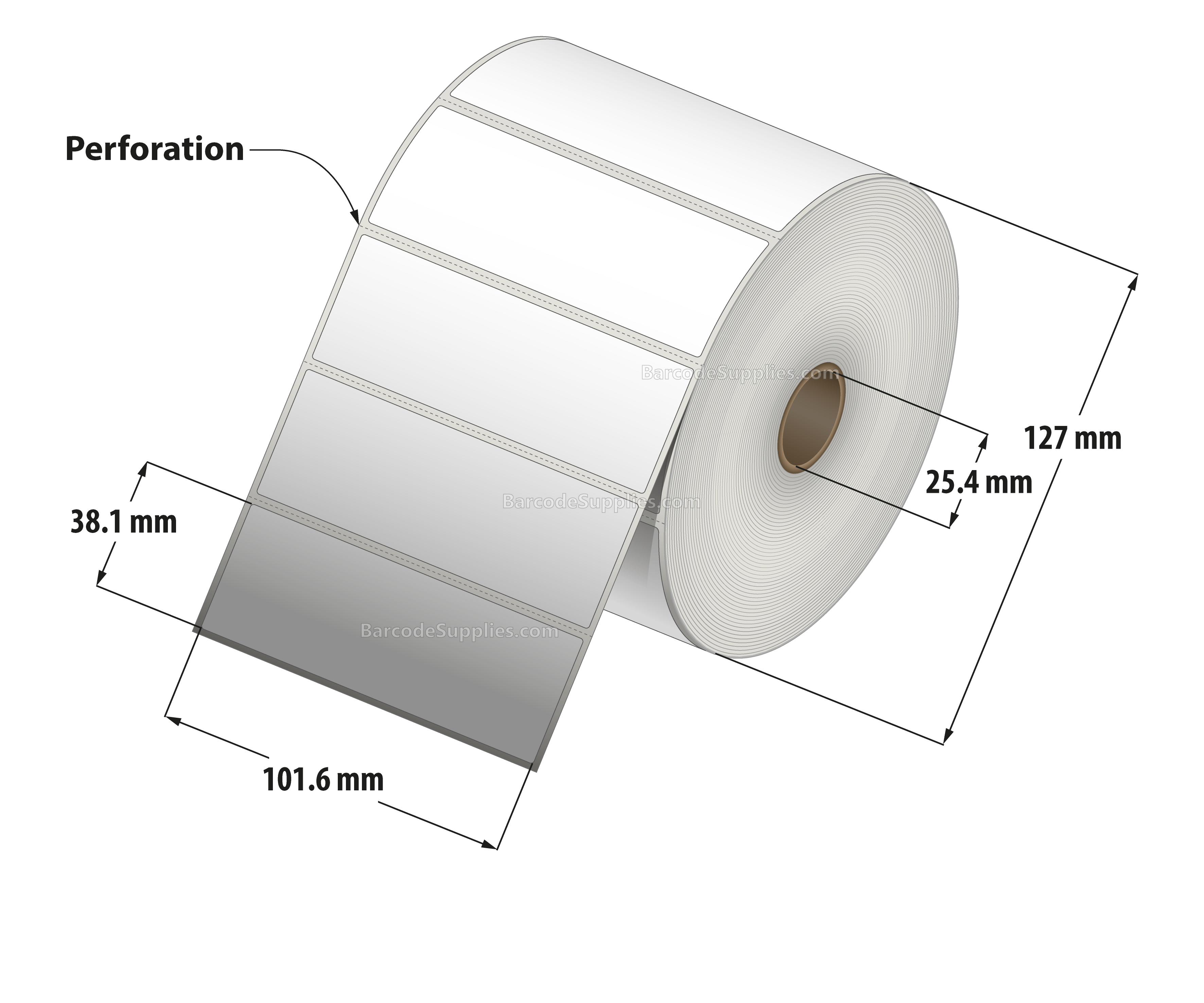 4 x 1.5 Thermal Transfer White Labels With Permanent Adhesive - Perforated - 1800 Labels Per Roll - Carton Of 12 Rolls - 21600 Labels Total - MPN: RT-4-15-1800-1 - BarcodeSource, Inc.