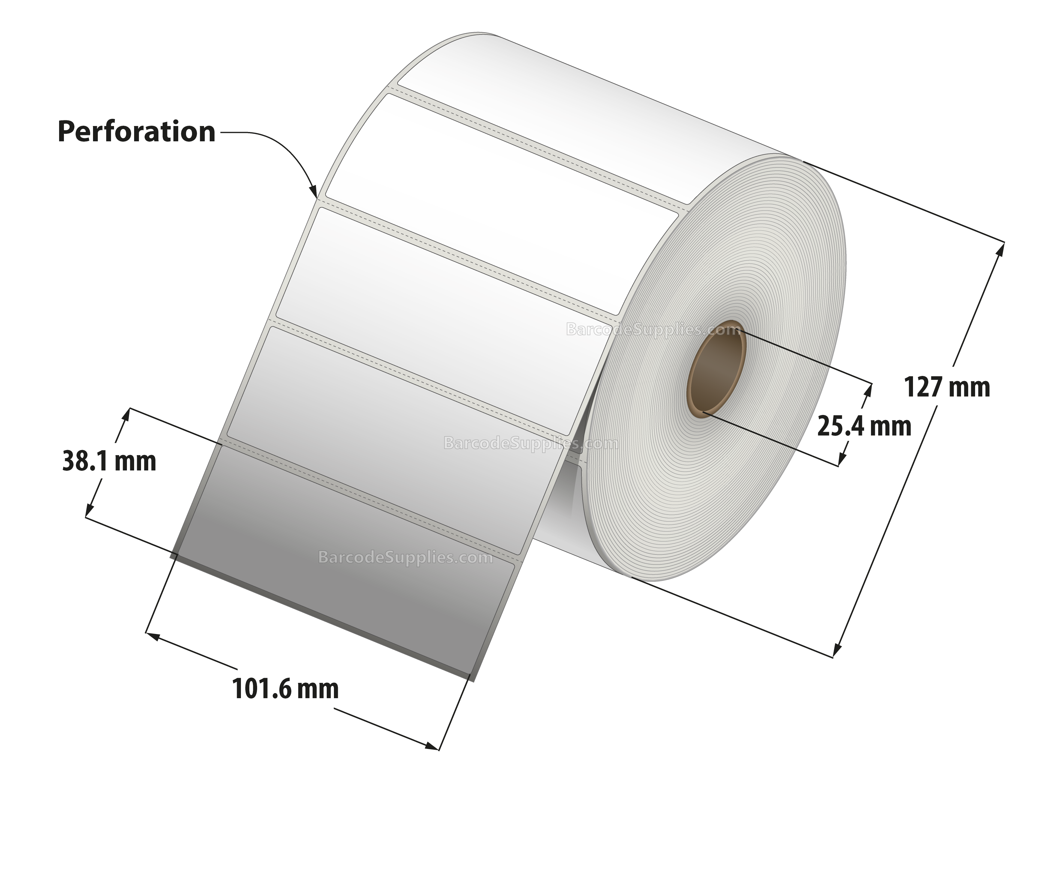 4 x 1.5 Direct Thermal White Labels With Acrylic Adhesive - Perforated - 1800 Labels Per Roll - Carton Of 12 Rolls - 21600 Labels Total - MPN: RD-4-15-1800-1 - BarcodeSource, Inc.