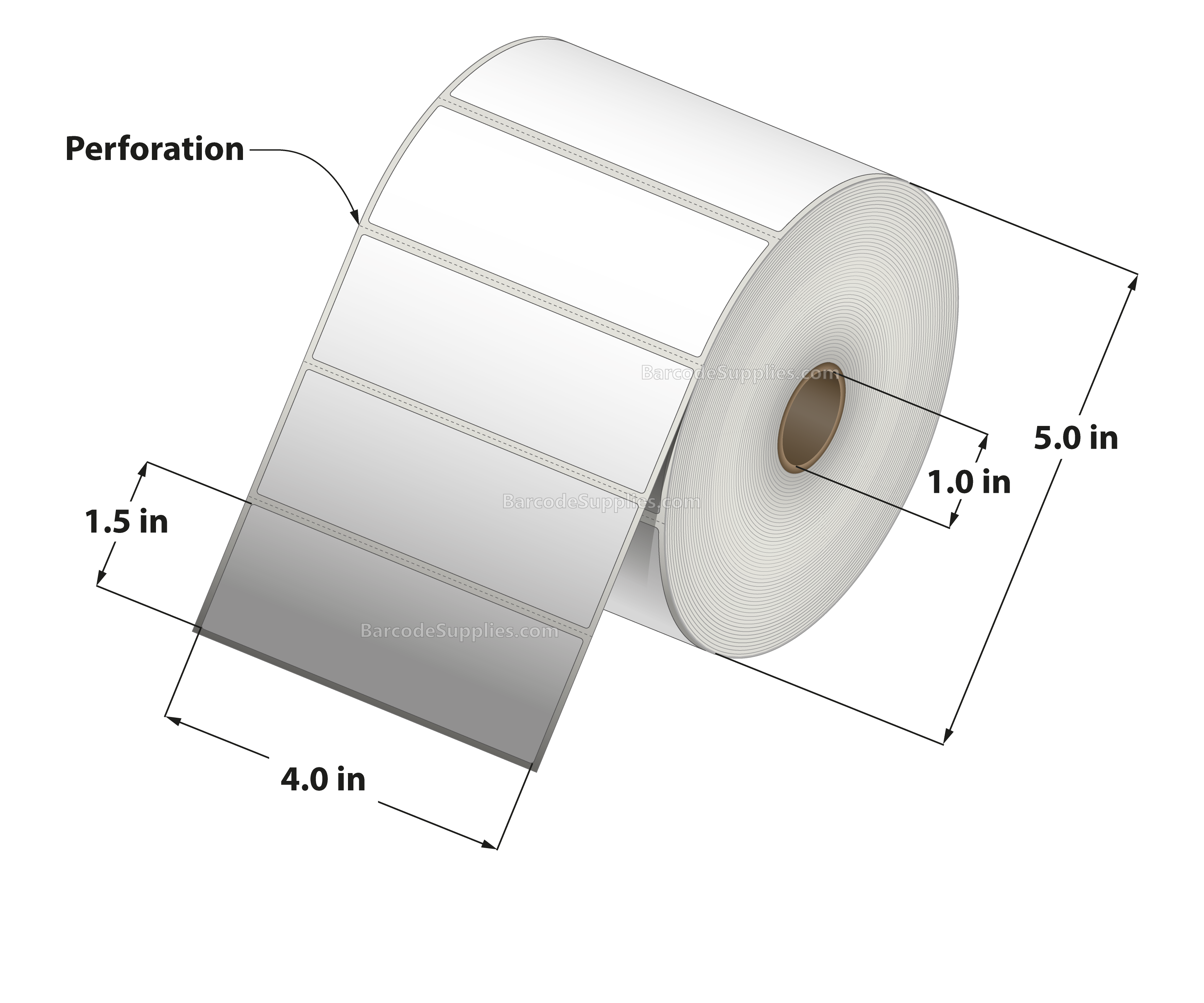 4 x 1.5 Thermal Transfer White Labels With Permanent Adhesive - Perforated - 1800 Labels Per Roll - Carton Of 12 Rolls - 21600 Labels Total - MPN: RT-4-15-1800-1 - BarcodeSource, Inc.