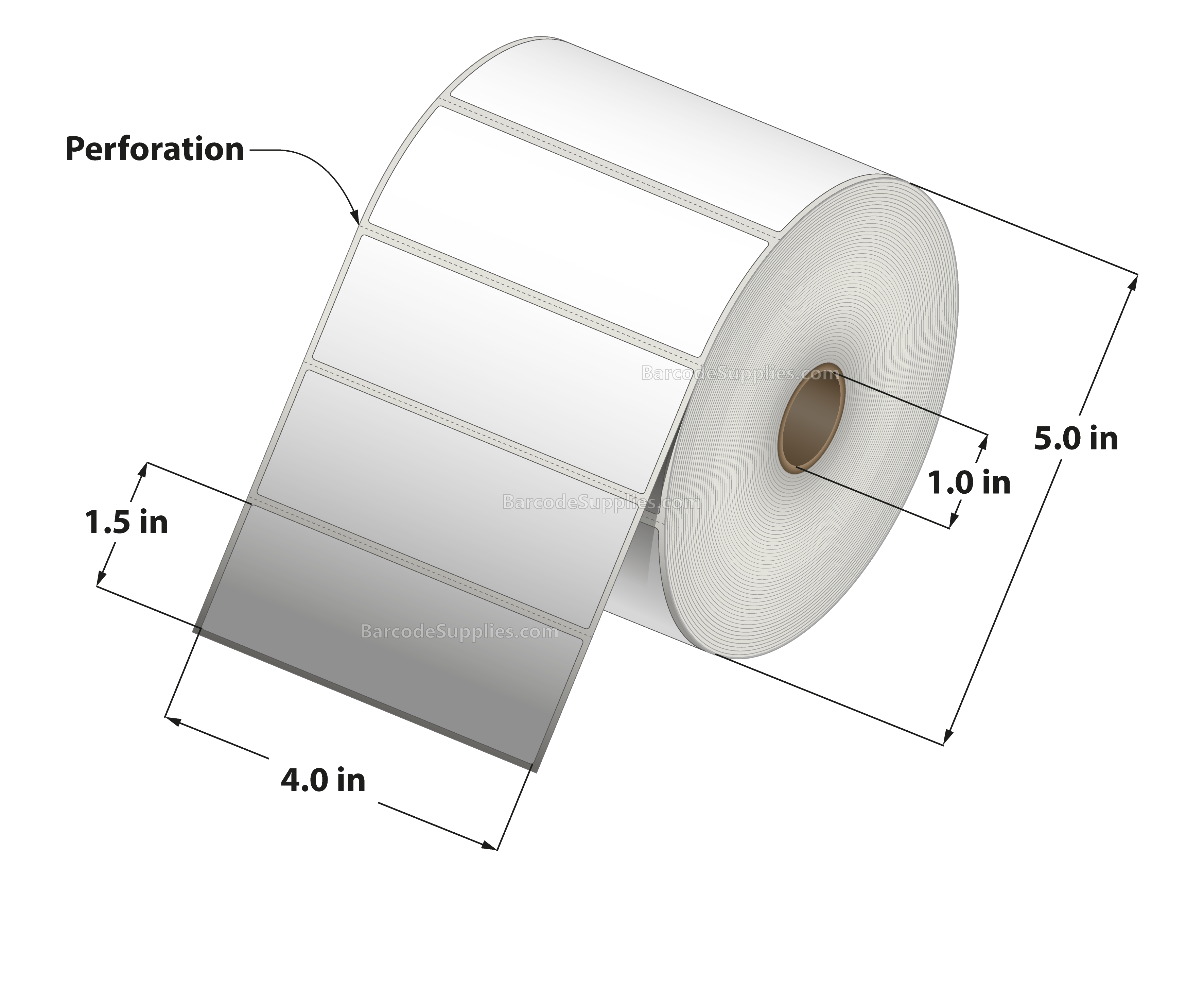 4 x 1.5 Direct Thermal White Labels With Acrylic Adhesive - Perforated - 1800 Labels Per Roll - Carton Of 12 Rolls - 21600 Labels Total - MPN: RD-4-15-1800-1 - BarcodeSource, Inc.