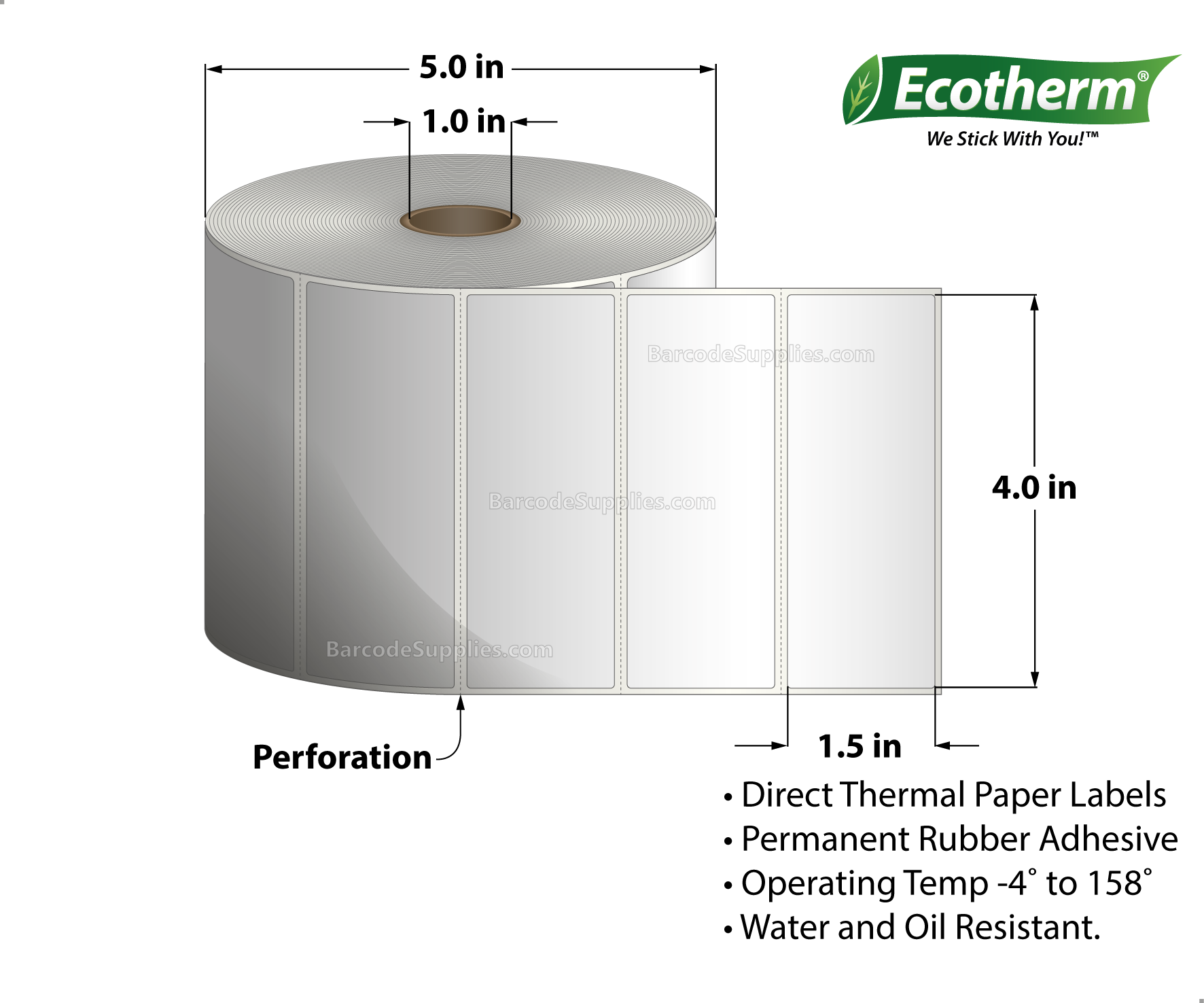 4 x 1.5 Direct Thermal White Labels With Rubber Adhesive - Perforated - 1800 Labels Per Roll - Carton Of 6 Rolls - 10800 Labels Total - MPN: ECOTHERM15148-6