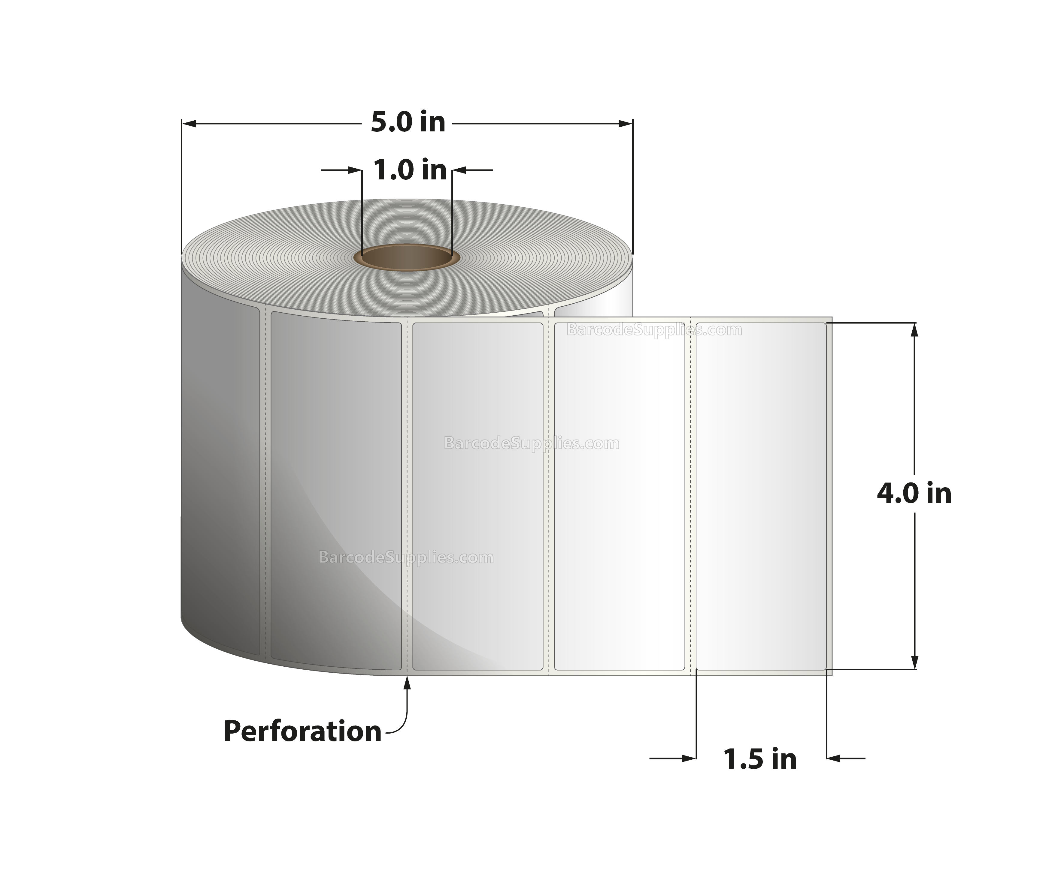 4 x 1.5 Direct Thermal White Labels With Acrylic Adhesive - Perforated - 1800 Labels Per Roll - Carton Of 12 Rolls - 21600 Labels Total - MPN: RD-4-15-1800-1 - BarcodeSource, Inc.