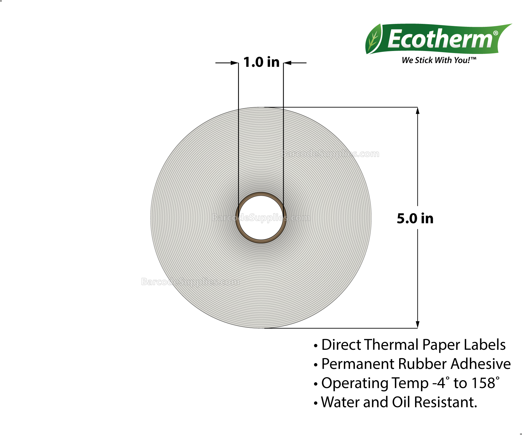 4 x 1.5 Direct Thermal White Labels With Rubber Adhesive - Perforated - 1800 Labels Per Roll - Carton Of 6 Rolls - 10800 Labels Total - MPN: ECOTHERM15148-6