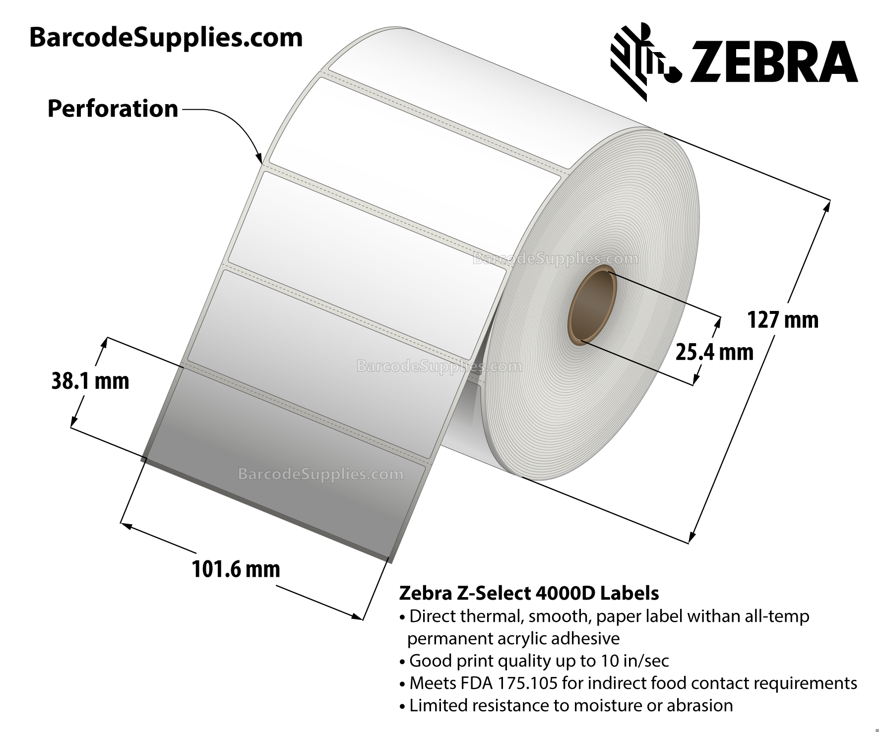 4 x 1.5 Direct Thermal White Z-Select 4000D Labels With All-Temp Adhesive - Perforated - 1620 Labels Per Roll - Carton Of 6 Rolls - 9720 Labels Total - MPN: 10010046