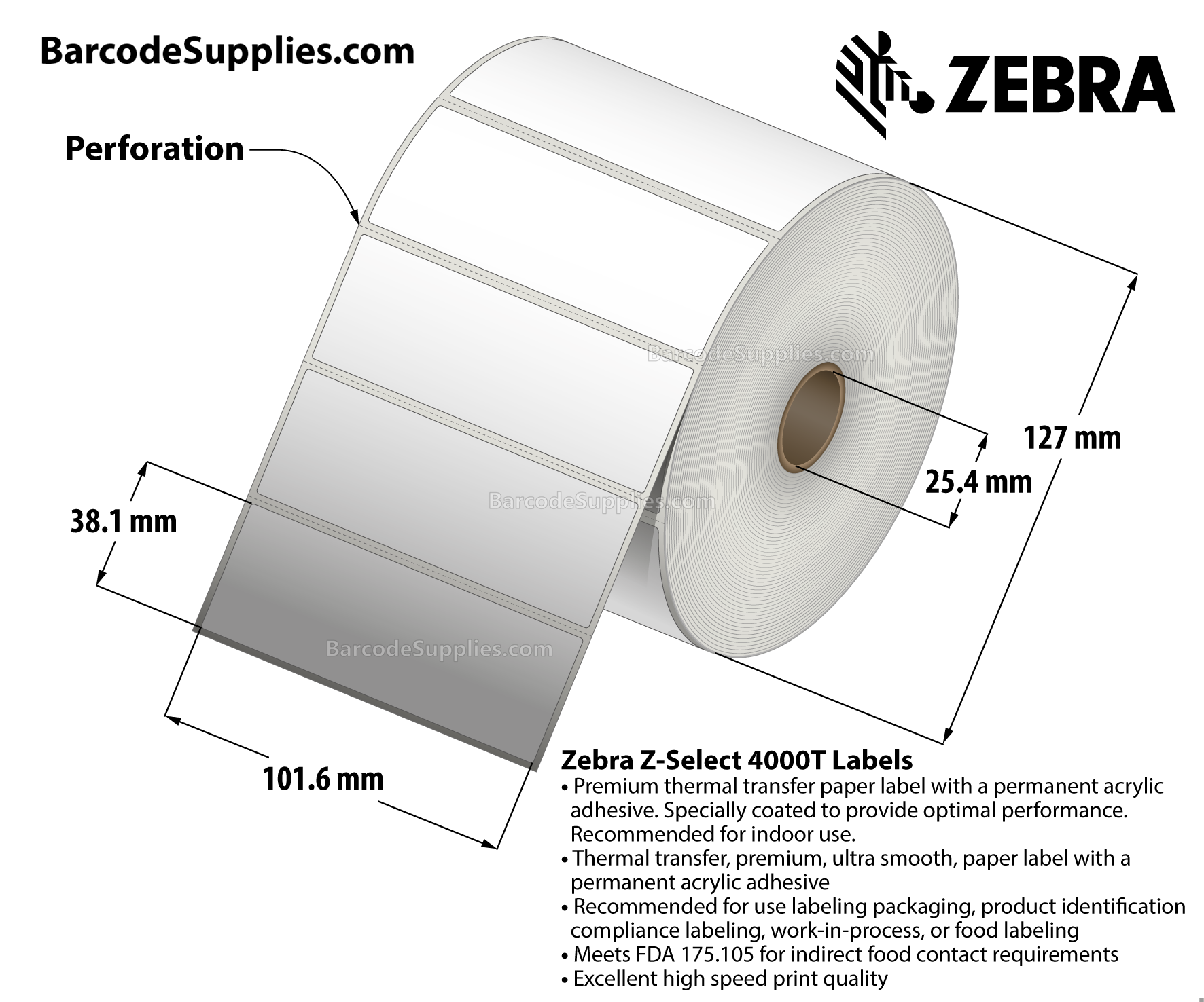4 x 1.5 Thermal Transfer White Z-Select 4000T Labels With Permanent Adhesive - Perforated - 1790 Labels Per Roll - Carton Of 12 Rolls - 21480 Labels Total - MPN: 800274-155