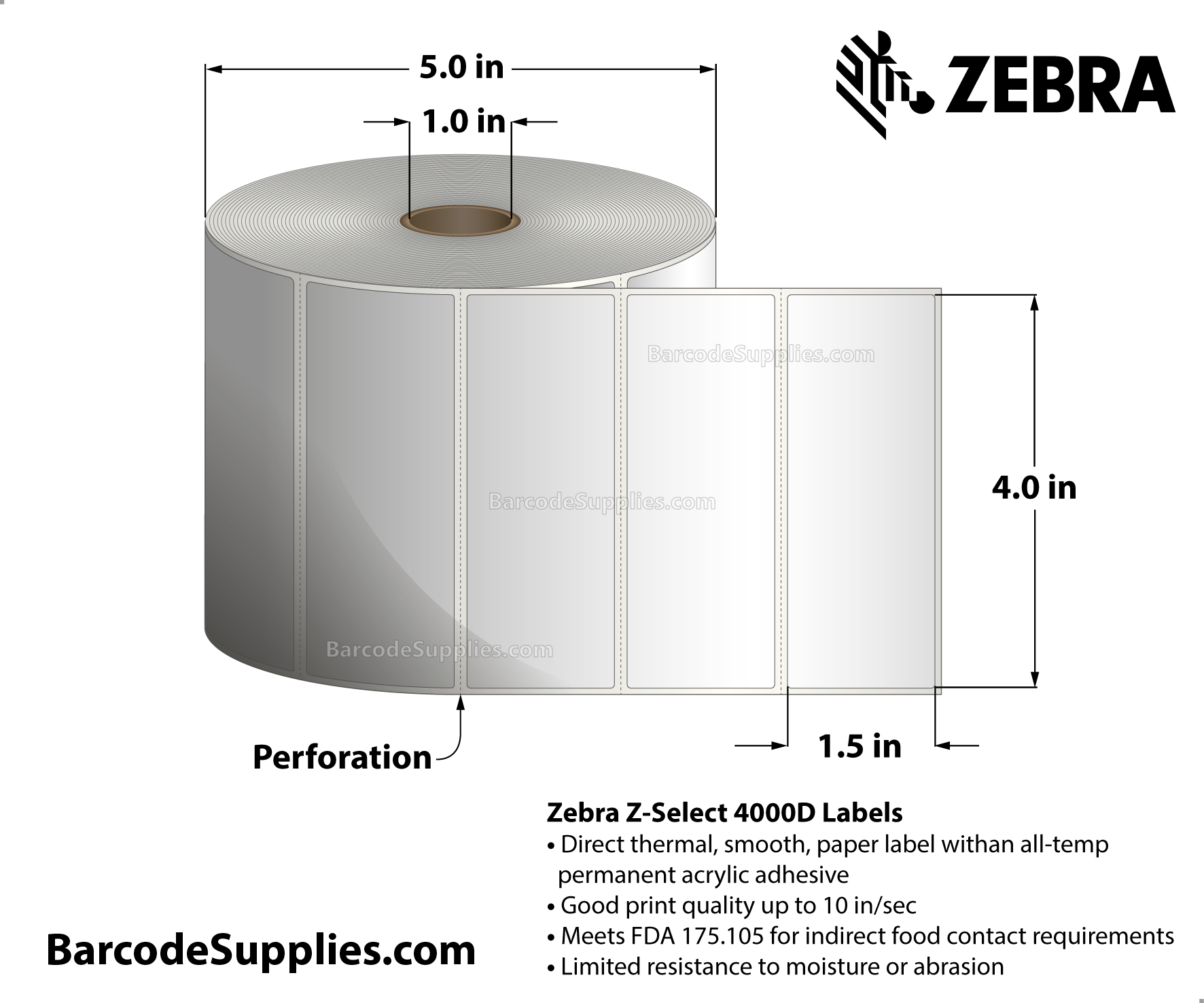 4 x 1.5 Direct Thermal White Z-Select 4000D Labels With All-Temp Adhesive - Perforated - 1620 Labels Per Roll - Carton Of 6 Rolls - 9720 Labels Total - MPN: 10010046