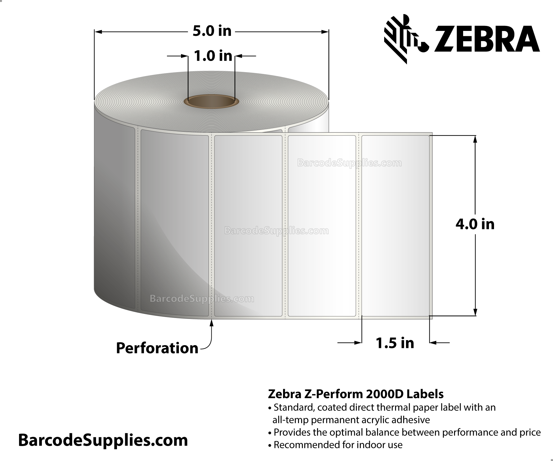 4 x 1.5 Direct Thermal White Z-Perform 2000D Labels With All-Temp Adhesive - Perforated - 1620 Labels Per Roll - Carton Of 6 Rolls - 9720 Labels Total - MPN: 10015786