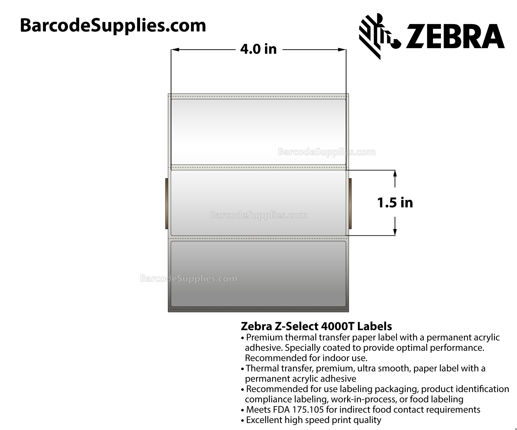 4 x 1.5 Thermal Transfer White Z-Select 4000T Labels With Permanent Adhesive - Perforated - 1790 Labels Per Roll - Carton Of 12 Rolls - 21480 Labels Total - MPN: 800274-155