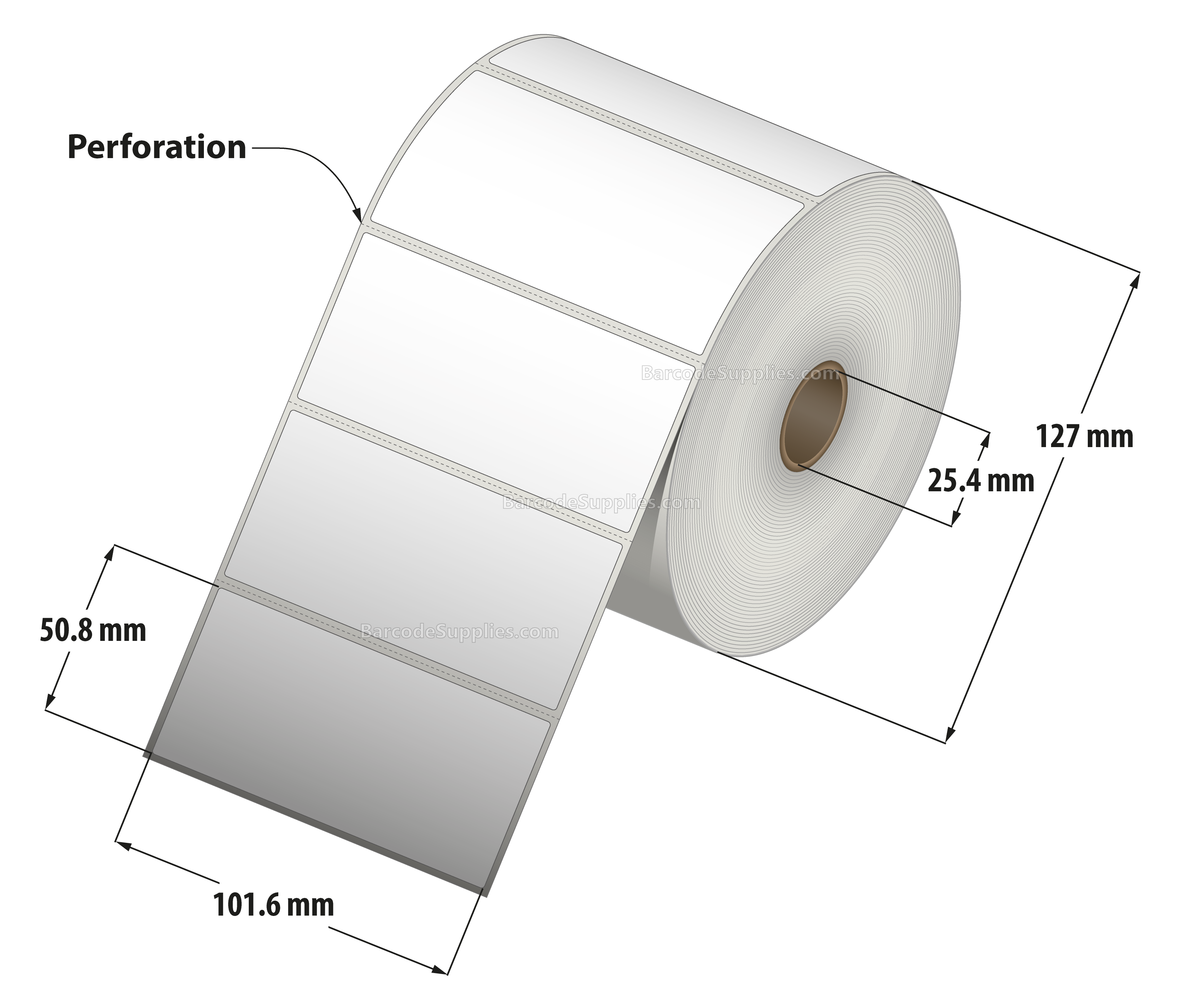 4 x 2 Thermal Transfer White Labels With Permanent Adhesive - Perforated - 1320 Labels Per Roll - Carton Of 12 Rolls - 15840 Labels Total - MPN: RT-4-2-1320-1 - BarcodeSource, Inc.