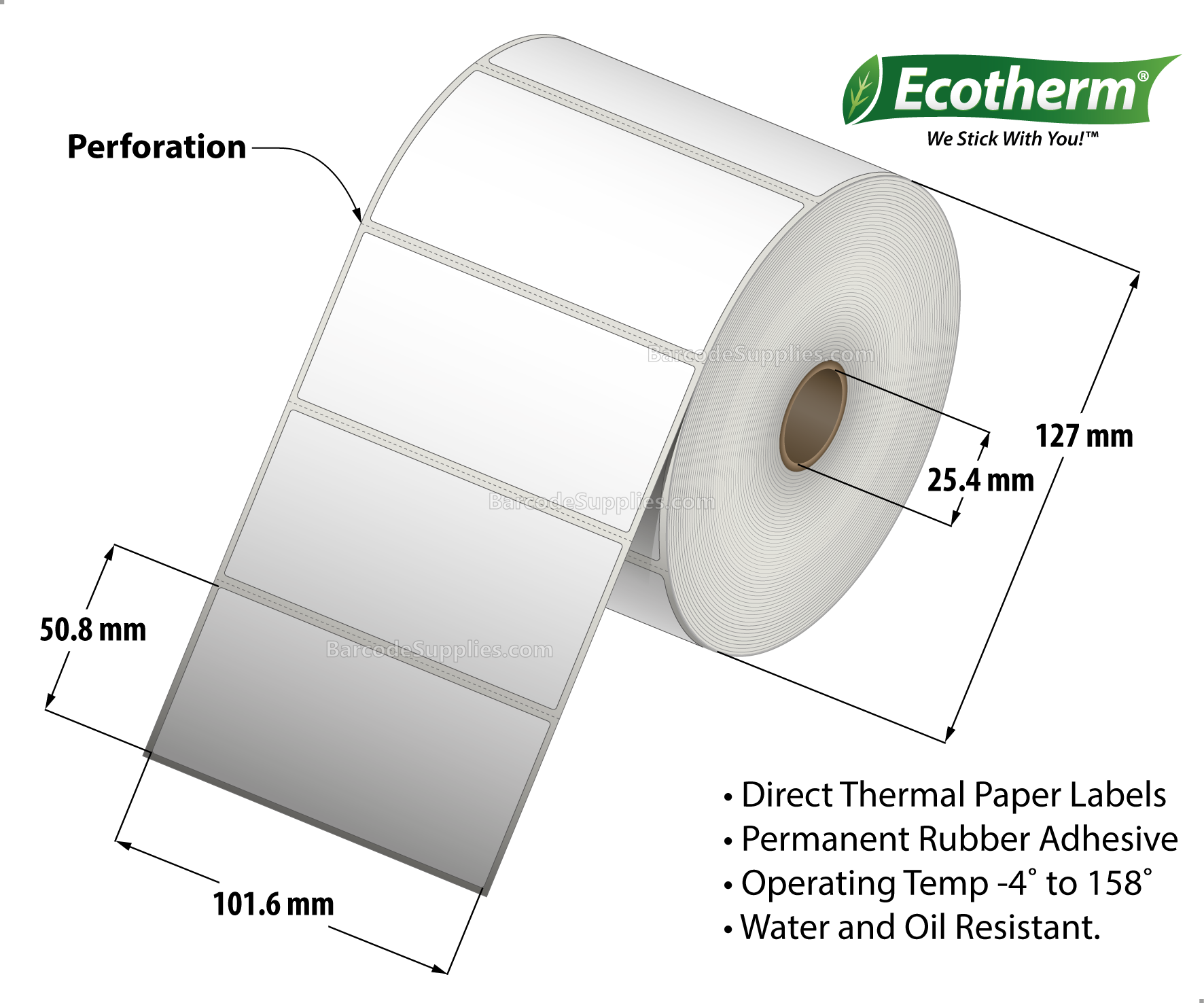 4 x 2 Direct Thermal White Labels With Rubber Adhesive - Perforated - 1250 Labels Per Roll - Carton Of 6 Rolls - 7500 Labels Total - MPN: ECOTHERM15149-6