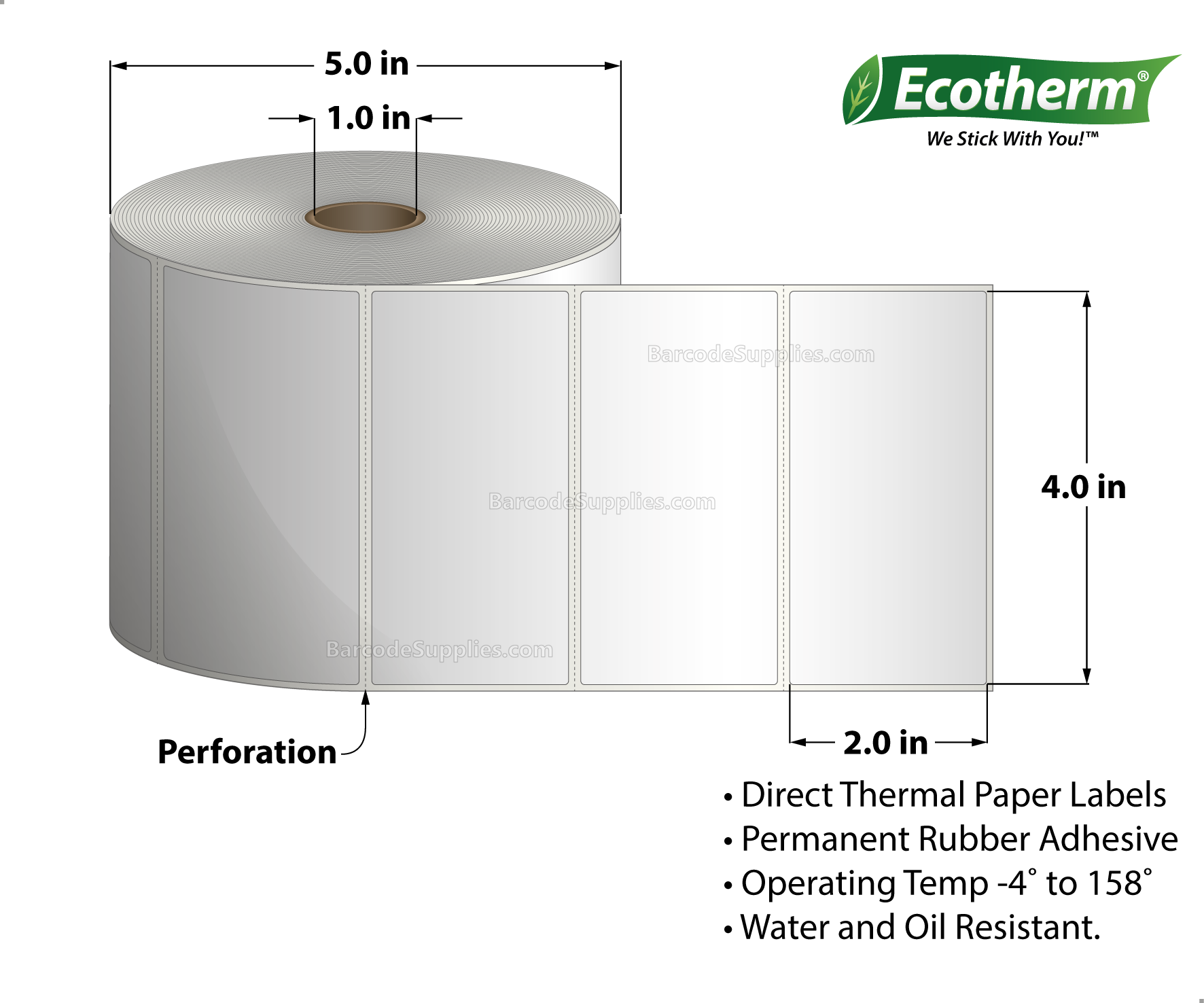 4 x 2 Direct Thermal White Labels With Rubber Adhesive - Perforated - 1250 Labels Per Roll - Carton Of 6 Rolls - 7500 Labels Total - MPN: ECOTHERM15149-6