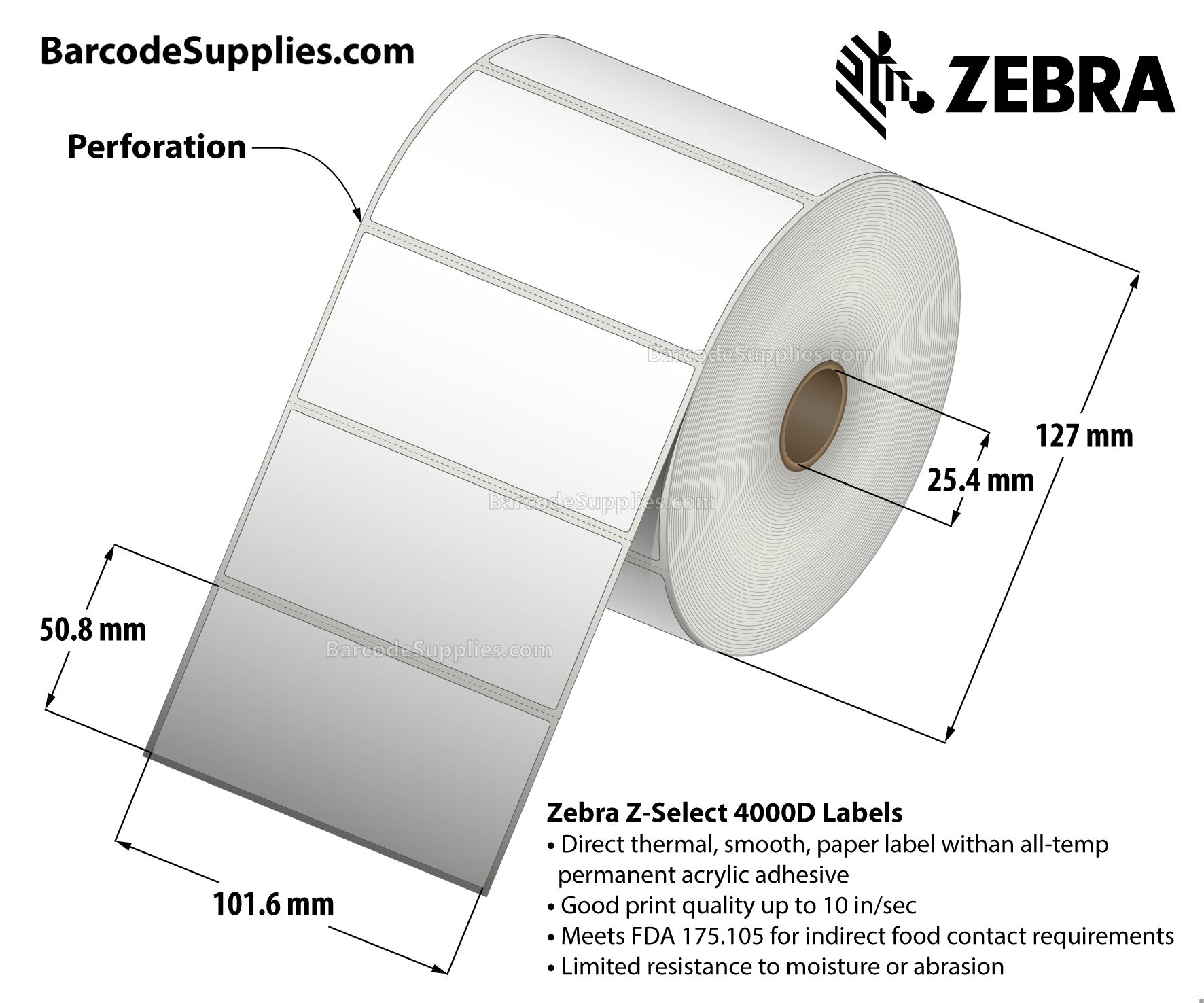 4 x 2 Direct Thermal White Z-Select 4000D Labels With All-Temp Adhesive - Perforated - 1240 Labels Per Roll - Carton Of 6 Rolls - 7440 Labels Total - MPN: 10010047