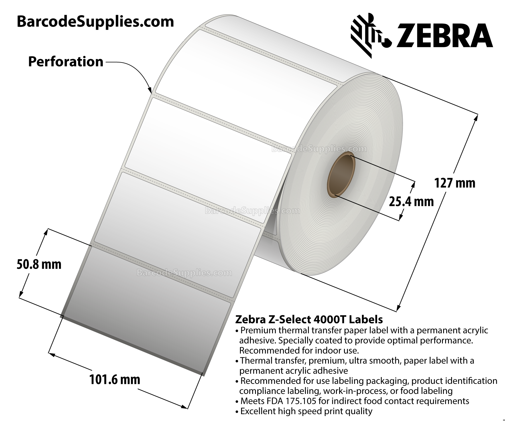 4 x 2 Thermal Transfer White Z-Select 4000T Labels With Permanent Adhesive - Perforated - 1370 Labels Per Roll - Carton Of 6 Rolls - 8220 Labels Total - MPN: 10009530