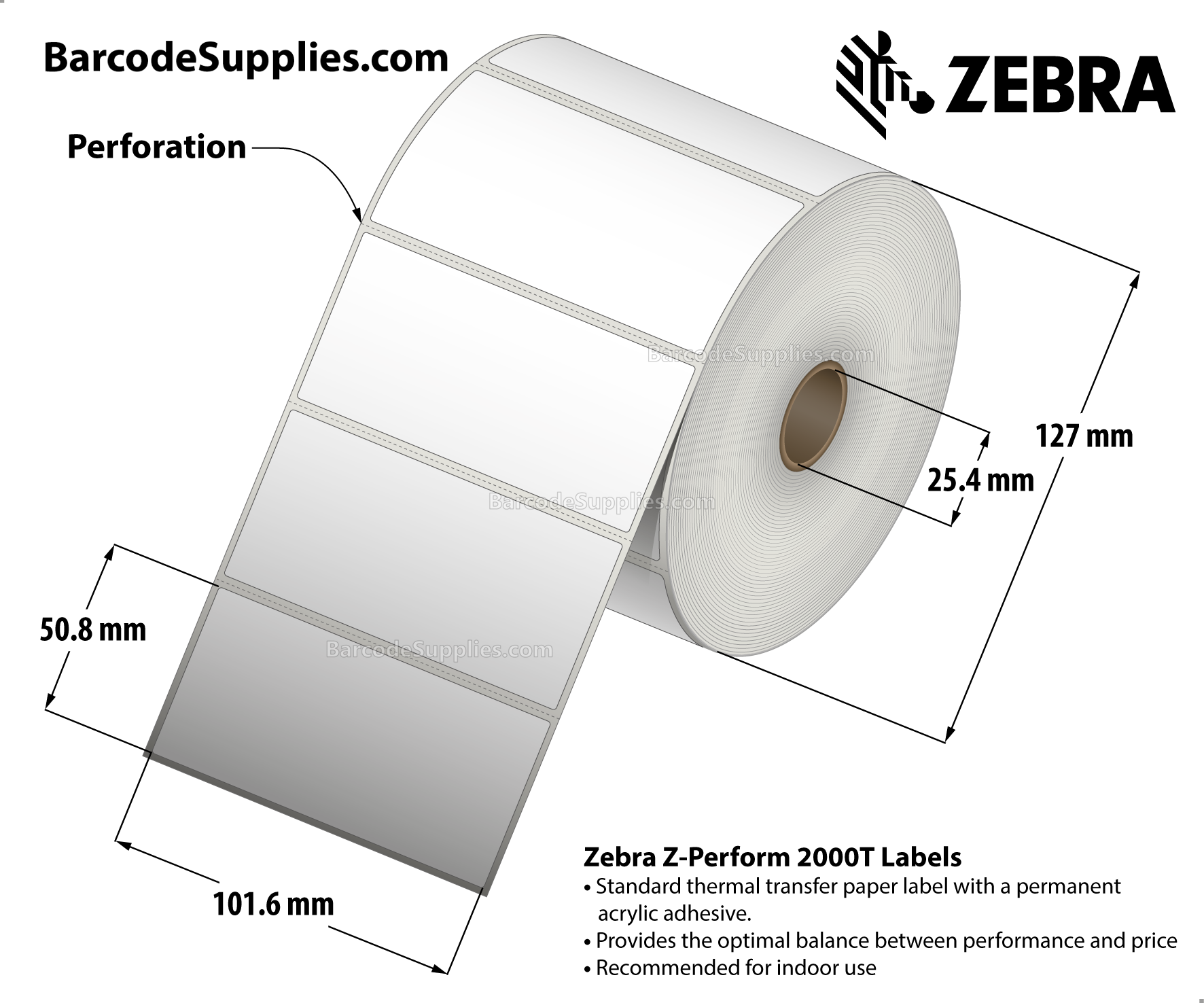 4 x 2 Thermal Transfer White Z-Perform 2000T Labels With Permanent Adhesive - Perforated - 1320 Labels Per Roll - Carton Of 6 Rolls - 7920 Labels Total - MPN: 10005851