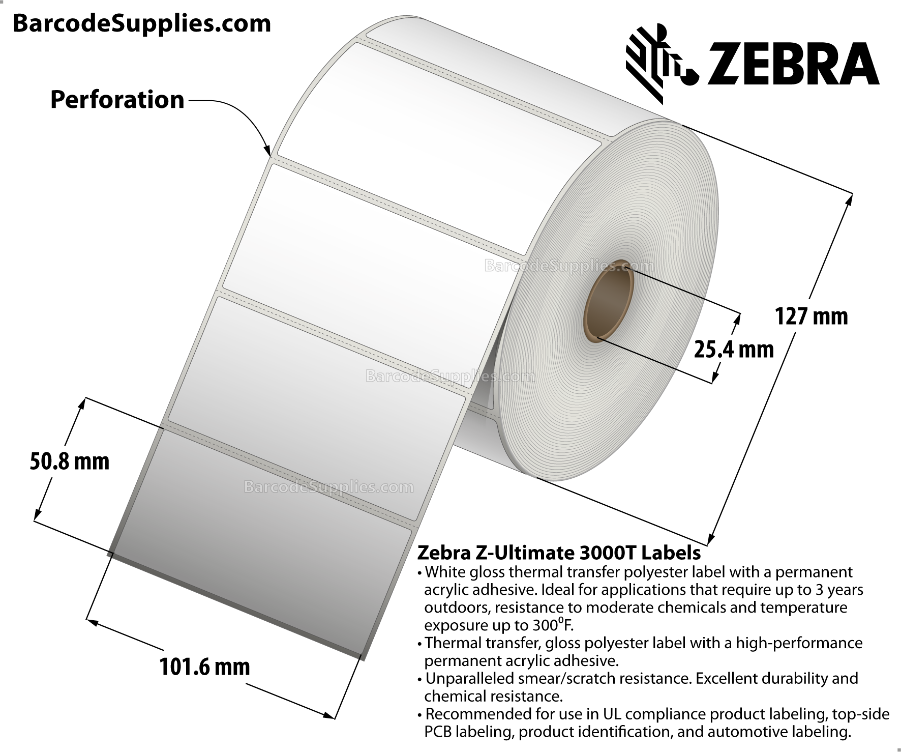 4 x 2 Thermal Transfer White Z-Ultimate 3000T Labels With Permanent Adhesive - Perforated - 1340 Labels Per Roll - Carton Of 4 Rolls - 5360 Labels Total - MPN: 18950
