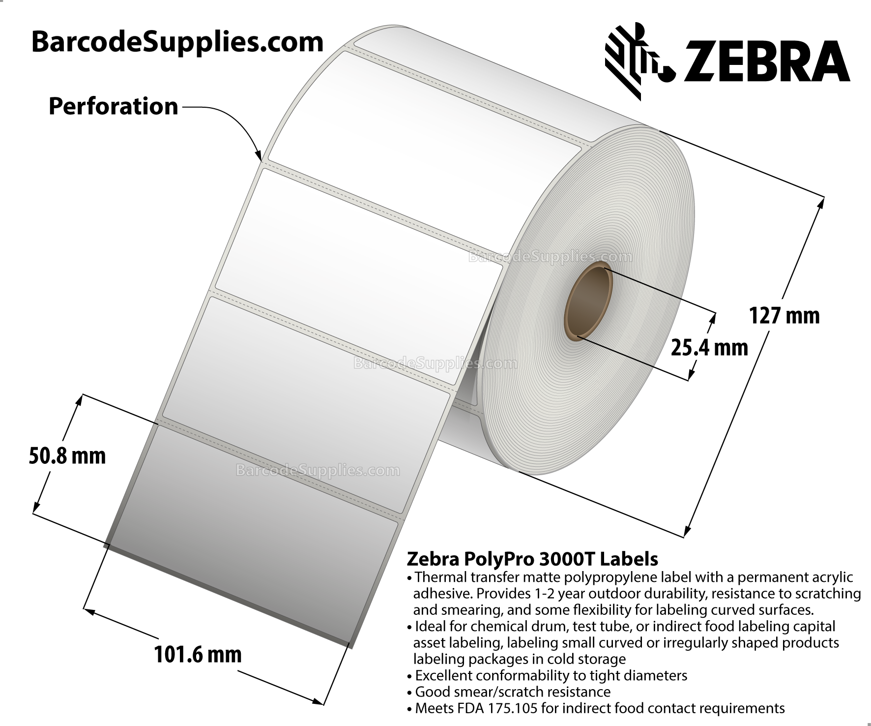 4 x 2 Thermal Transfer White PolyPro 3000T Labels With Permanent Adhesive - Perforated - 1110 Labels Per Roll - Carton Of 4 Rolls - 4440 Labels Total - MPN: 18932