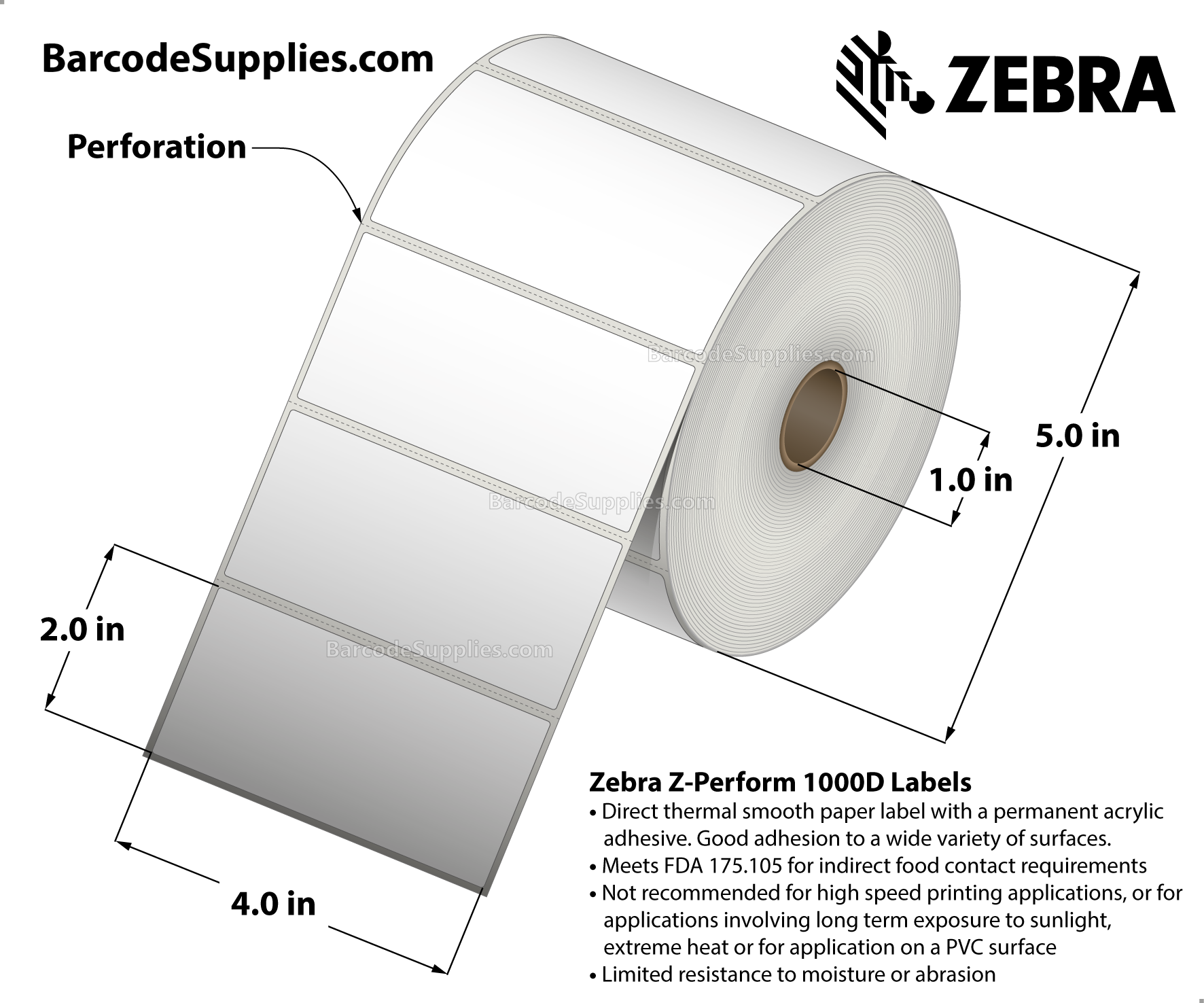 4 x 2 Direct Thermal White Z-Perform 1000D Labels With Permanent Adhesive - Perforated - 1240 Labels Per Roll - Carton Of 6 Rolls - 7440 Labels Total - MPN: 10026379