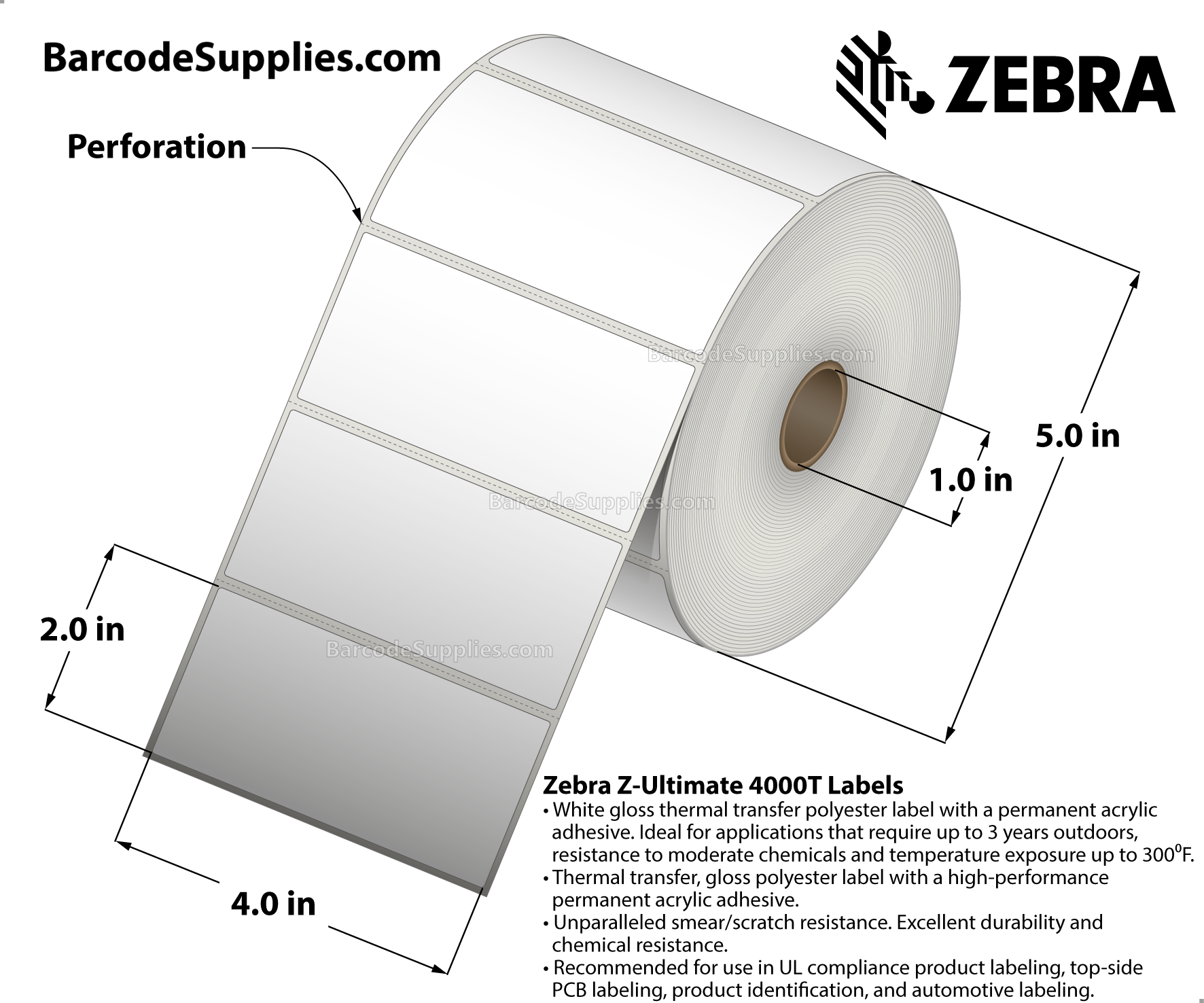 4 x 2 Thermal Transfer White Z-Ultimate 4000T Labels With Permanent Adhesive - Perforated - 1340 Labels Per Roll - Carton Of 4 Rolls - 5360 Labels Total - MPN: 10002631