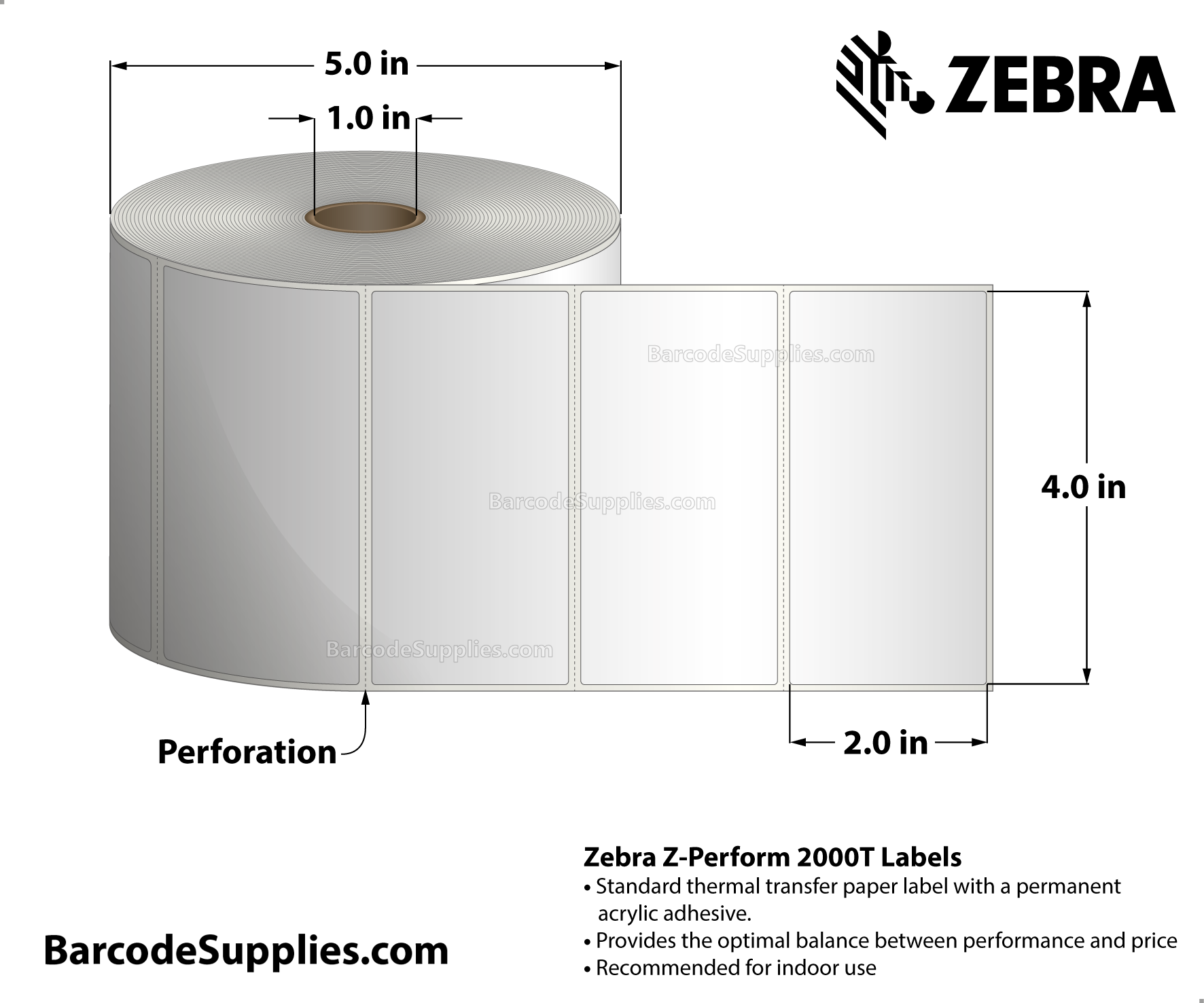 4 x 2 Thermal Transfer White Z-Perform 2000T Labels With Permanent Adhesive - Perforated - 1320 Labels Per Roll - Carton Of 6 Rolls - 7920 Labels Total - MPN: 10005851