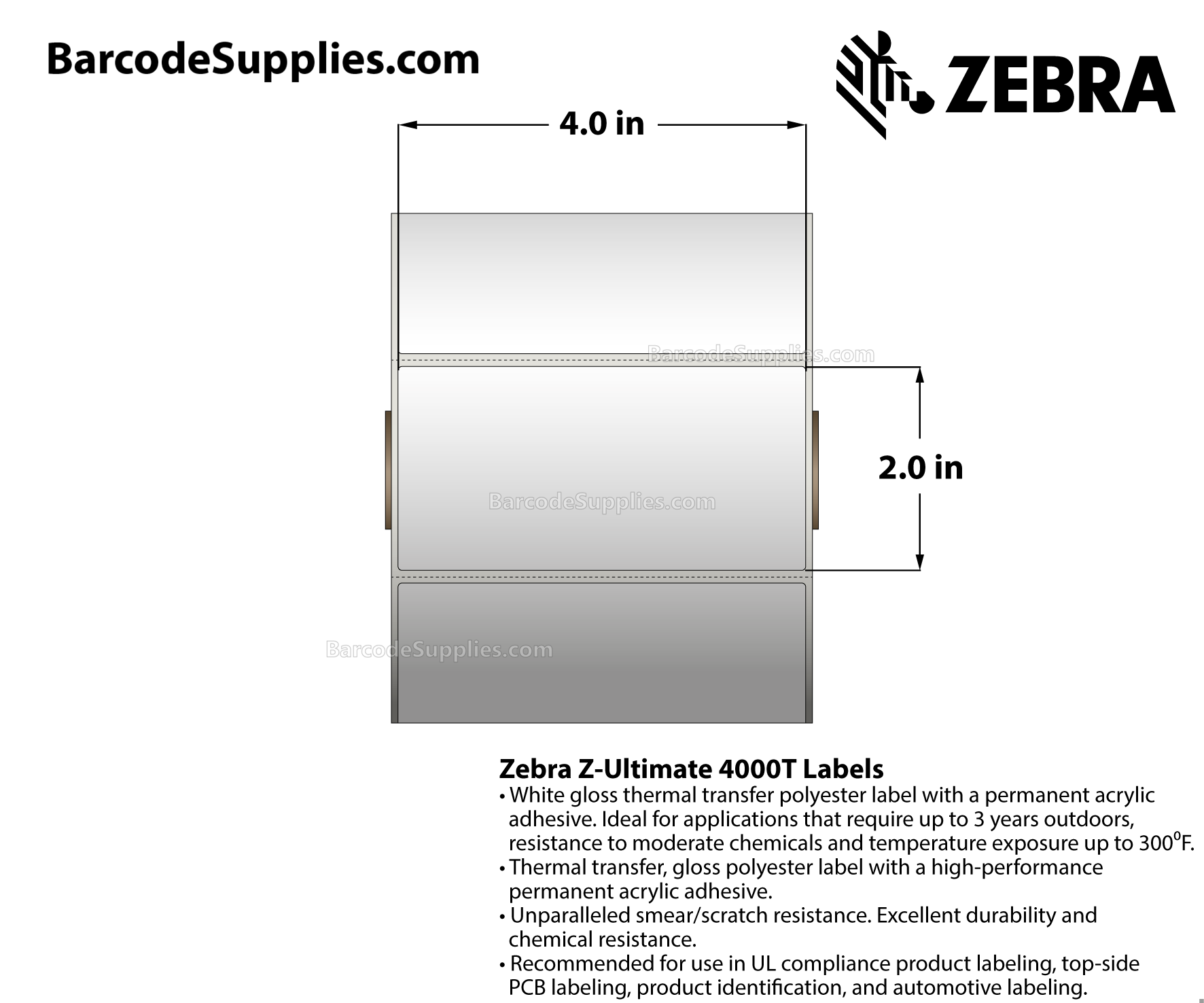 4 x 2 Thermal Transfer White Z-Ultimate 4000T Labels With Permanent Adhesive - Perforated - 1340 Labels Per Roll - Carton Of 4 Rolls - 5360 Labels Total - MPN: 10002631